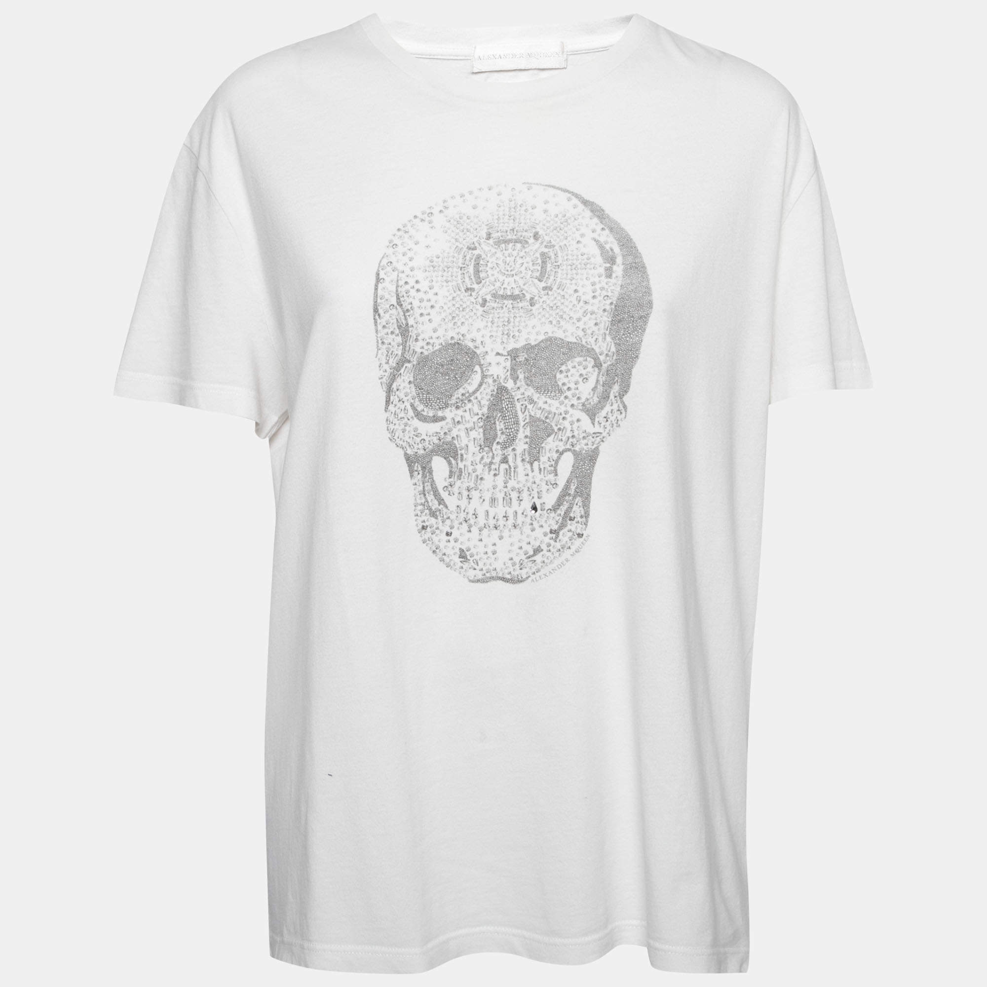 Pre Owned Alexander McQueen White Skull Printed Cotton Crew Neck T-Shirt XL