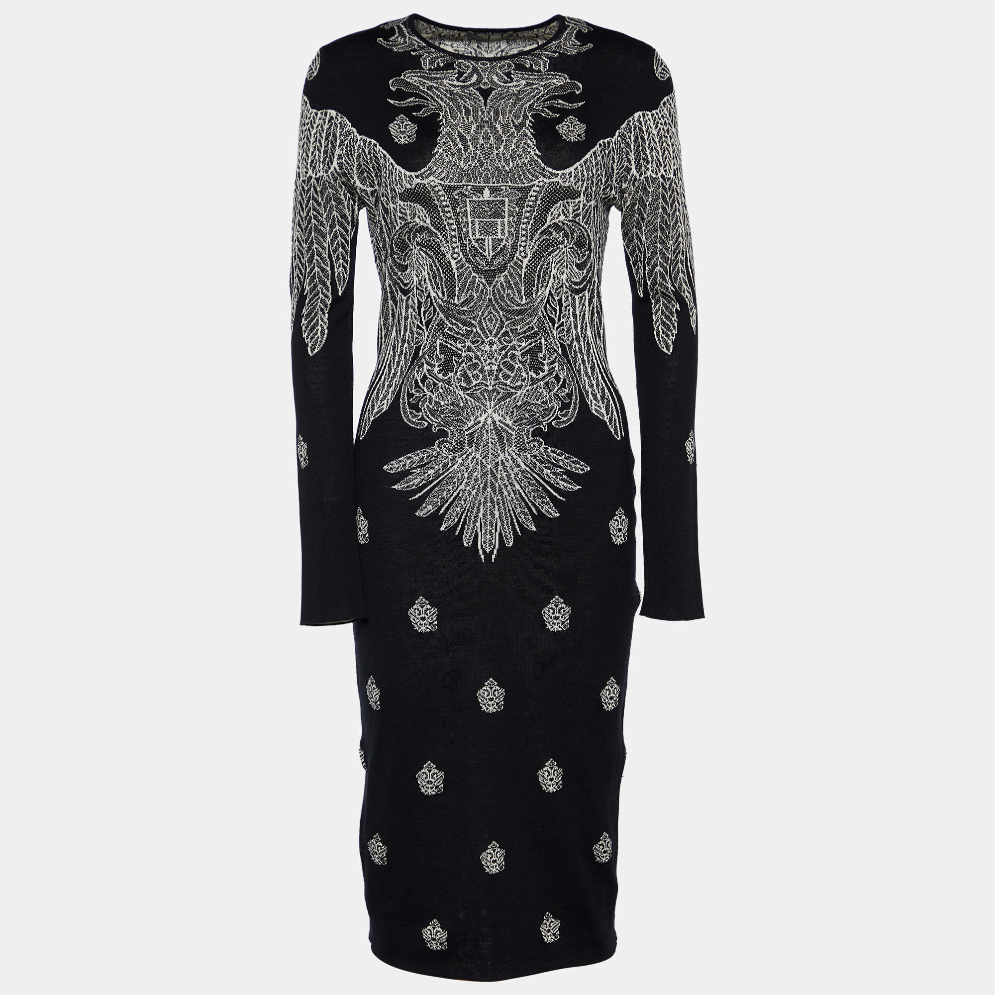 Pre Owned Alexander McQueen Black Wool & Silk Jacquard Fitted Dress M