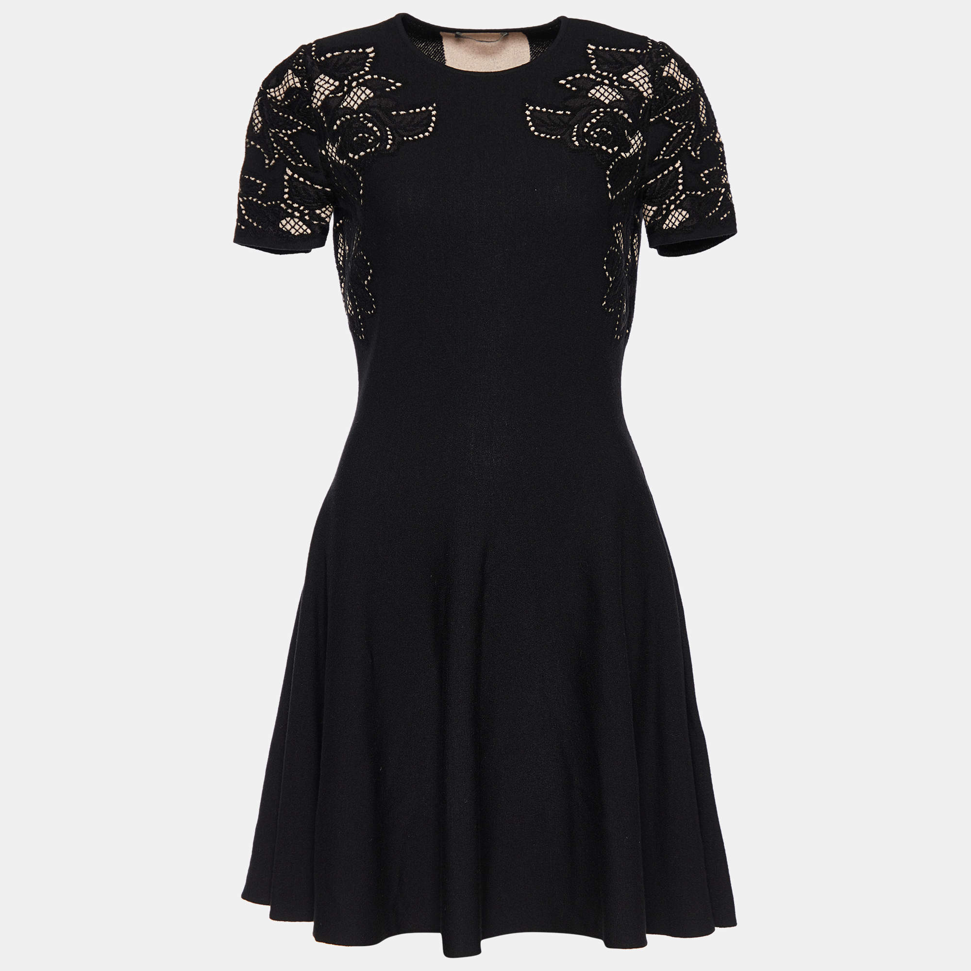 Pre Owned Alexander McQueen Black Knit Floral Jacquard Inlay Flared Dress M