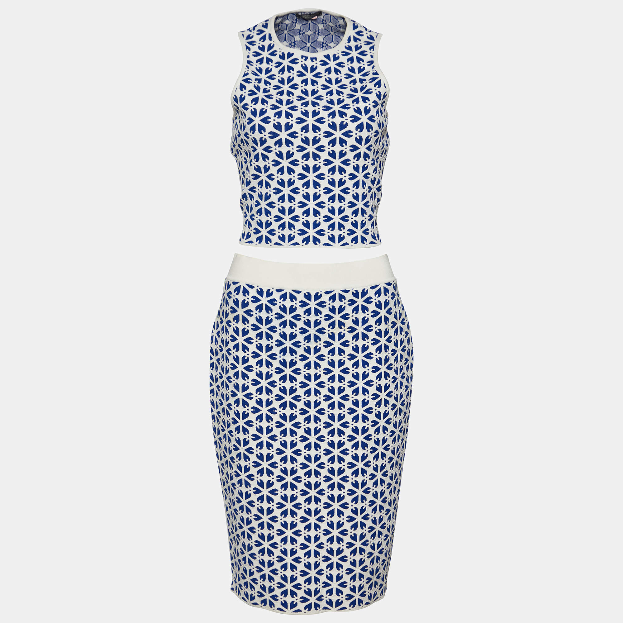 Pre Owned Alexander McQueen Blue Embossed Floral Jacquard Knit Crop Top & Skirt Set L