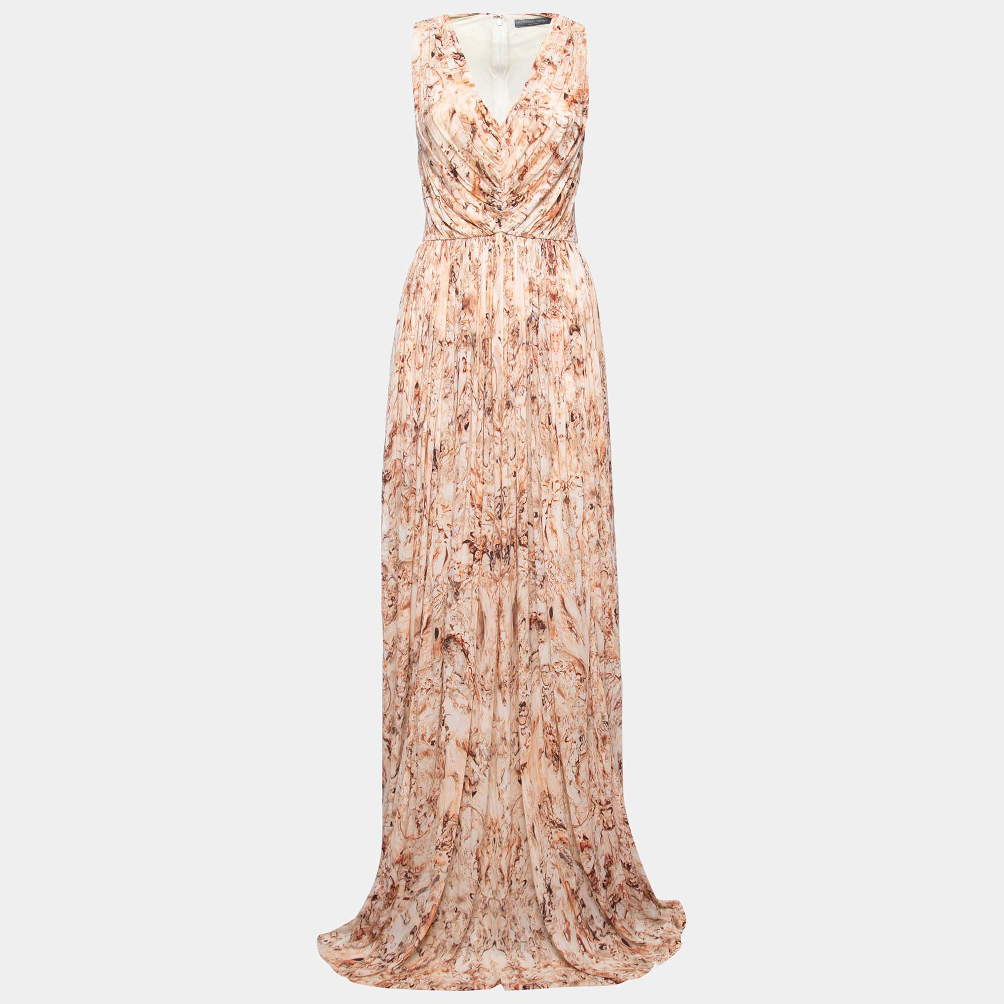 Pre Owned Alexander McQueen Pink Printed Jersey Draped Sleeveless Maxi Dress M