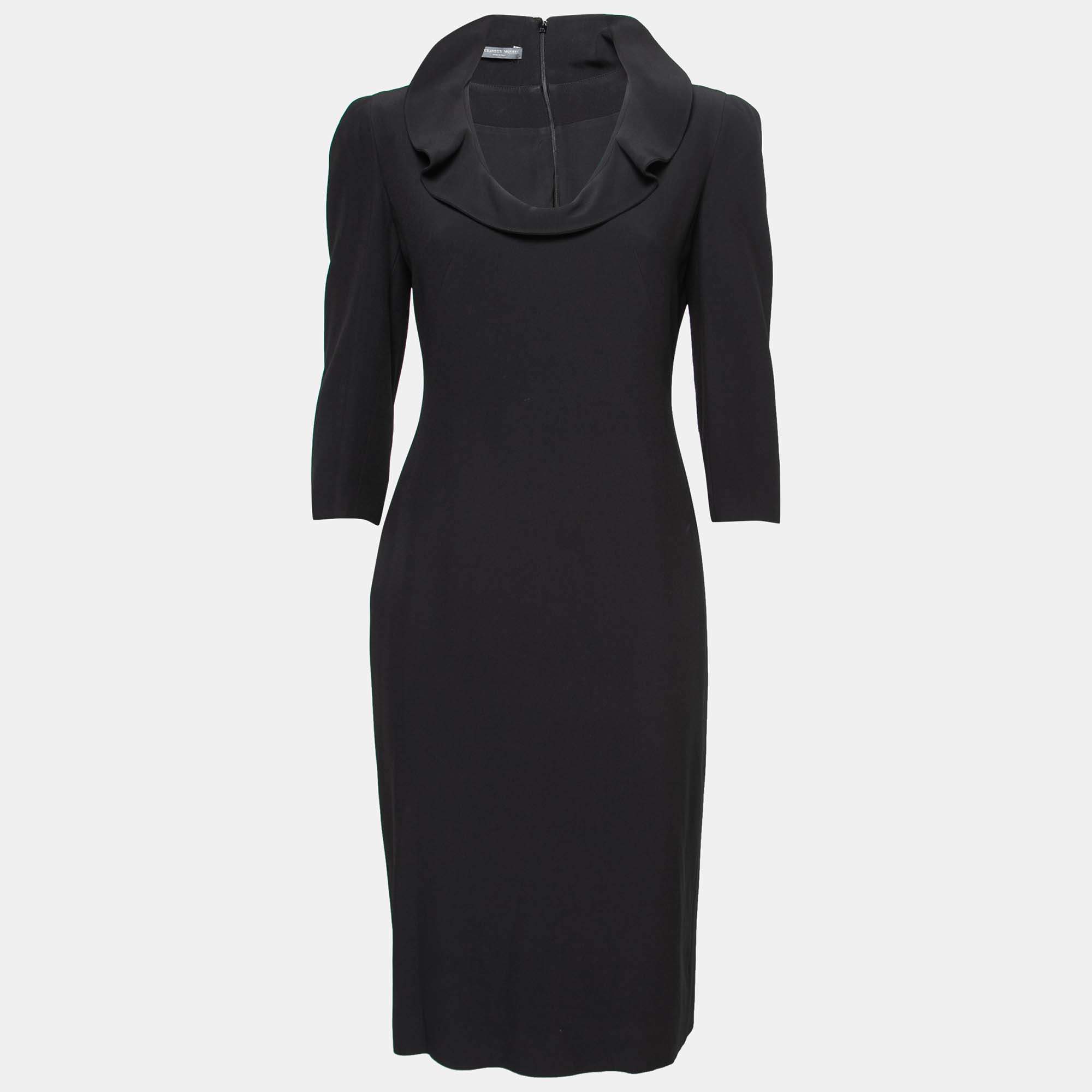 Pre Owned Alexander McQueen Black Crepe Ruffle Neck Midi Dress M