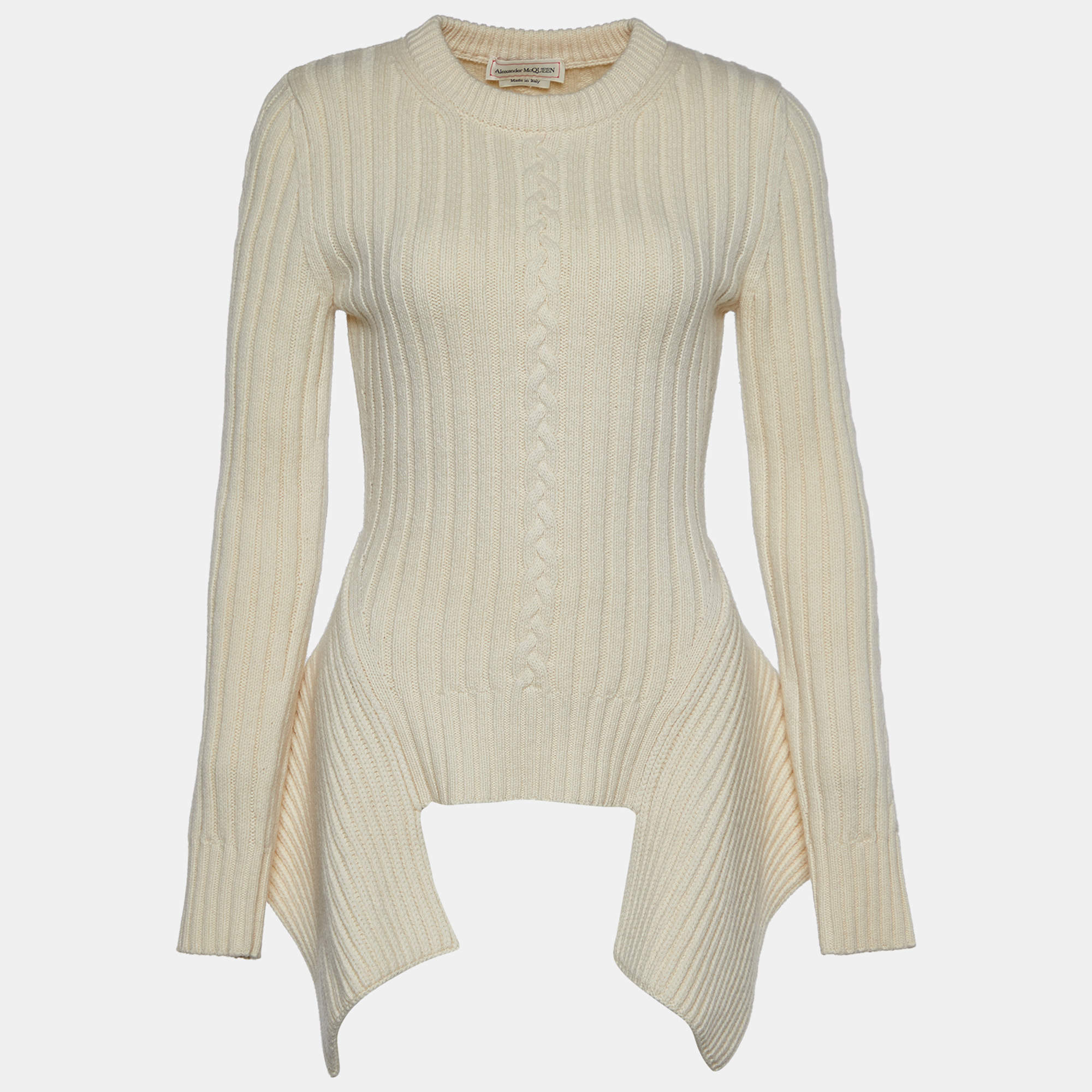 Pre Owned Alexander McQueen Off White Wool Cable Knit Peplum Jumper S
