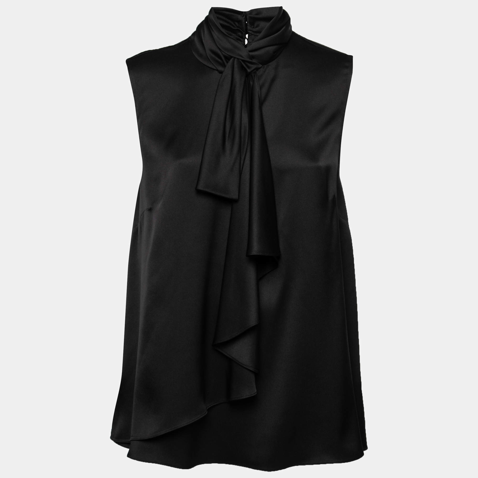 Pre Owned Alexander McQueen Black Satin Silk Draped Sleeveless Top M