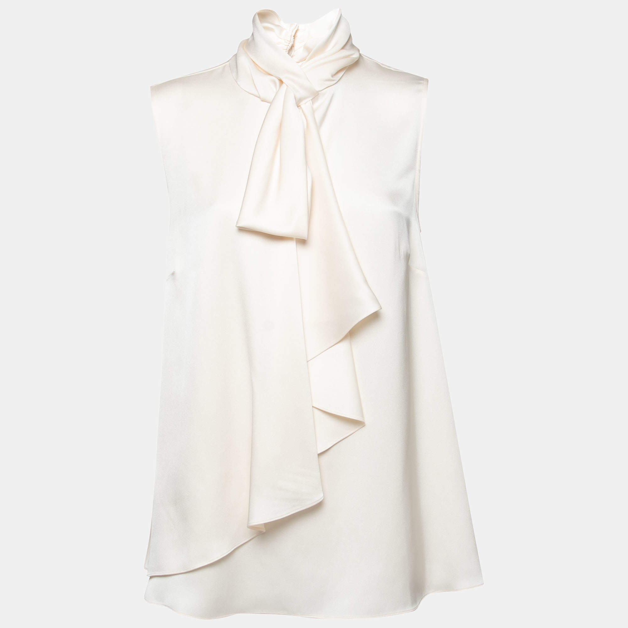 Pre Owned Alexander McQueen White Satin Silk Draped Sleeveless Top M