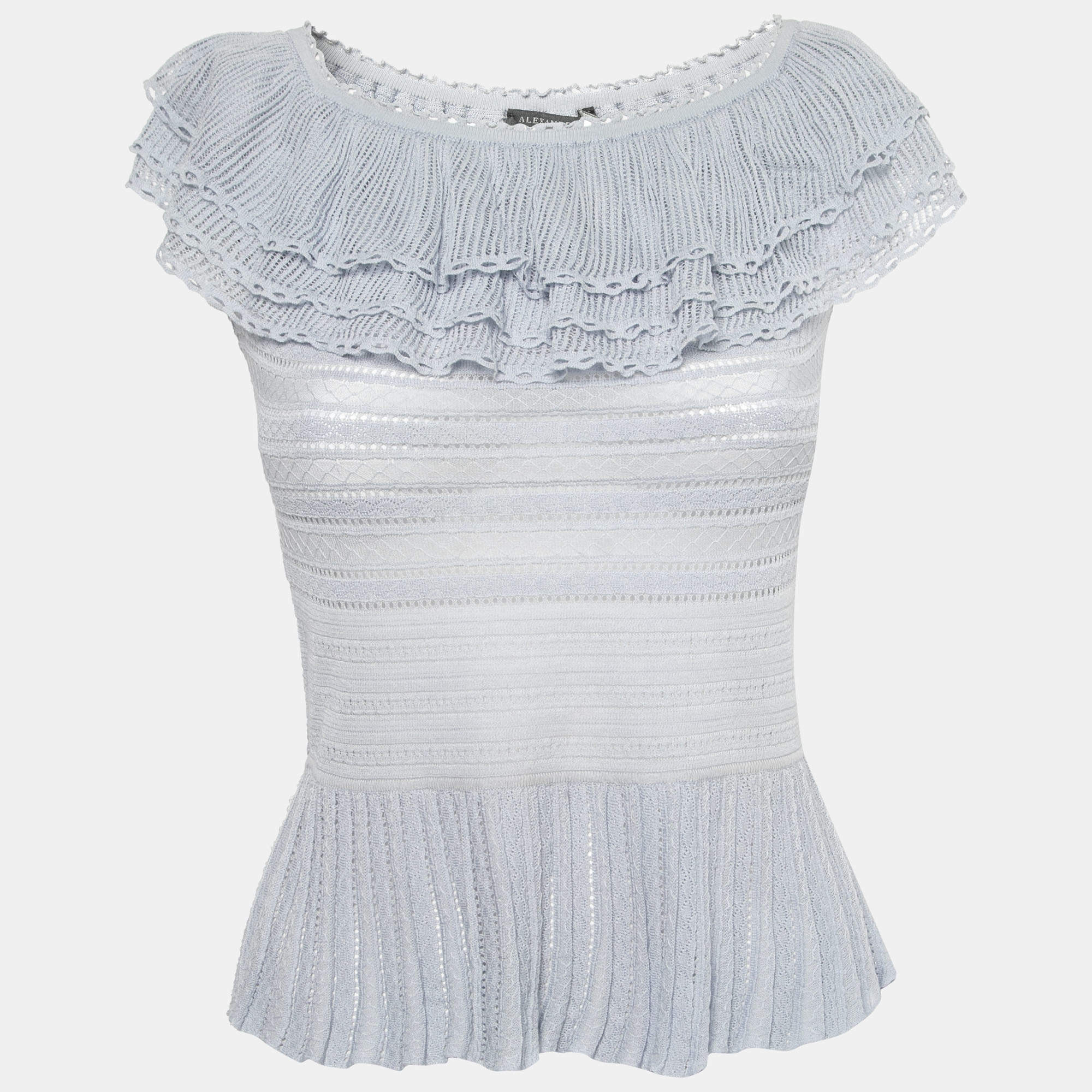 Pre Owned Alexander McQueen Blue Pointelle Knit Ruffle Trimmed Top S