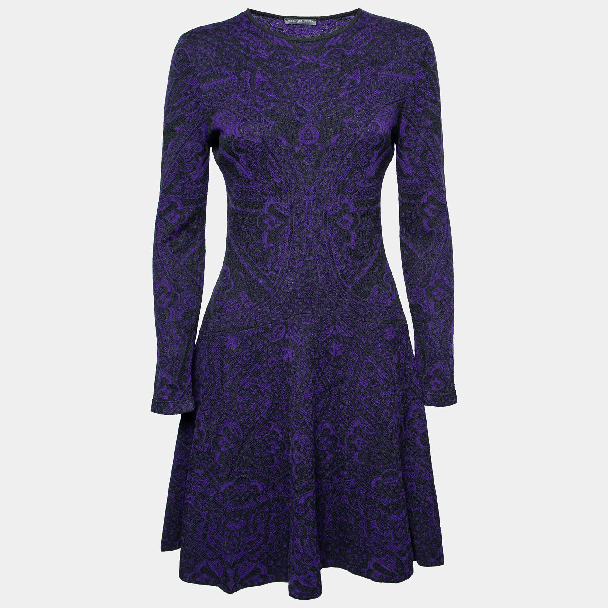 Alexander McQueen Blue & Black Jacquard Knit Round Neck Dress M