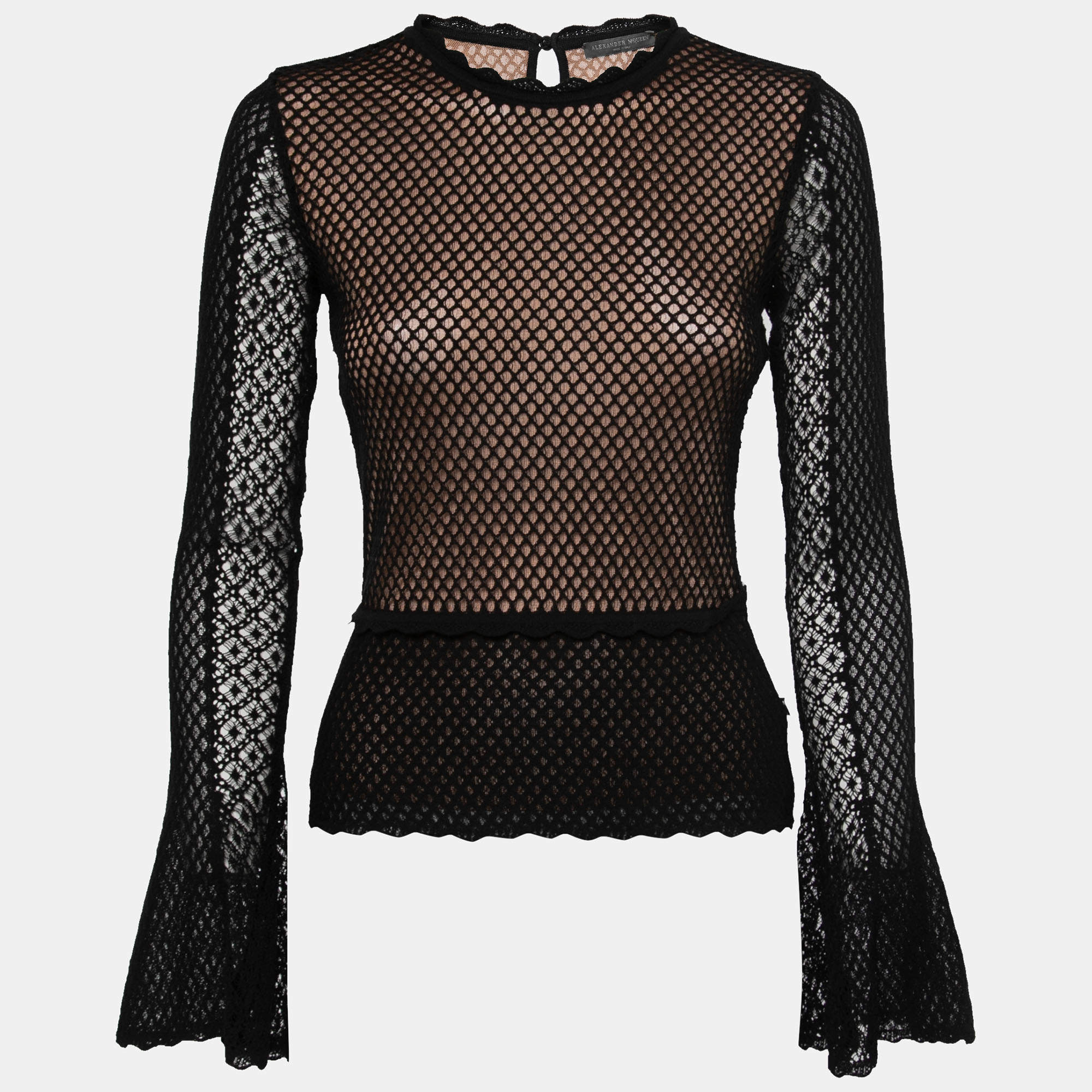 Pre Owned Alexander McQueen Black Perforated Knit Overlay Long Sleeve Top S