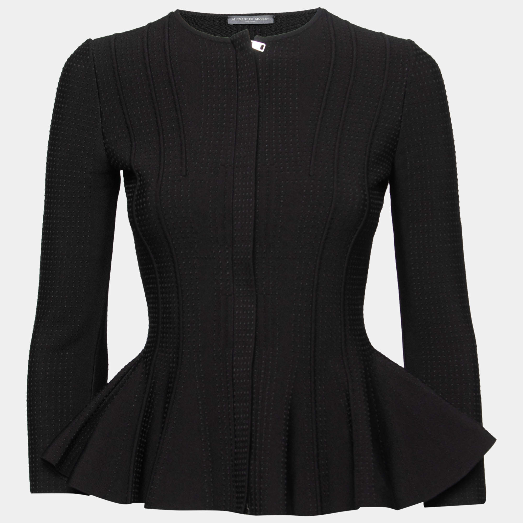 Pre Owned Alexander McQueen Black Stretch-Knit Zip-Front Peplum Top S