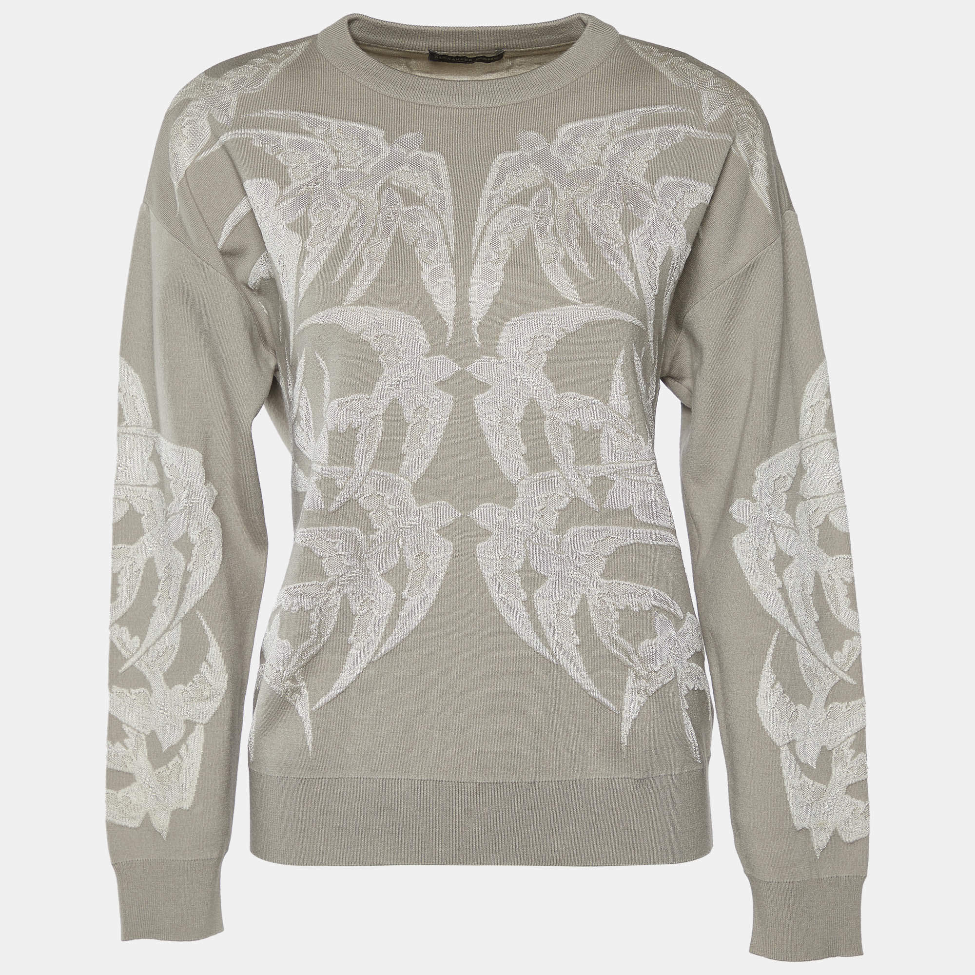 Pre Owned Alexander McQueen Grey Swallow Jacquard Wool & Silk Jumper S
