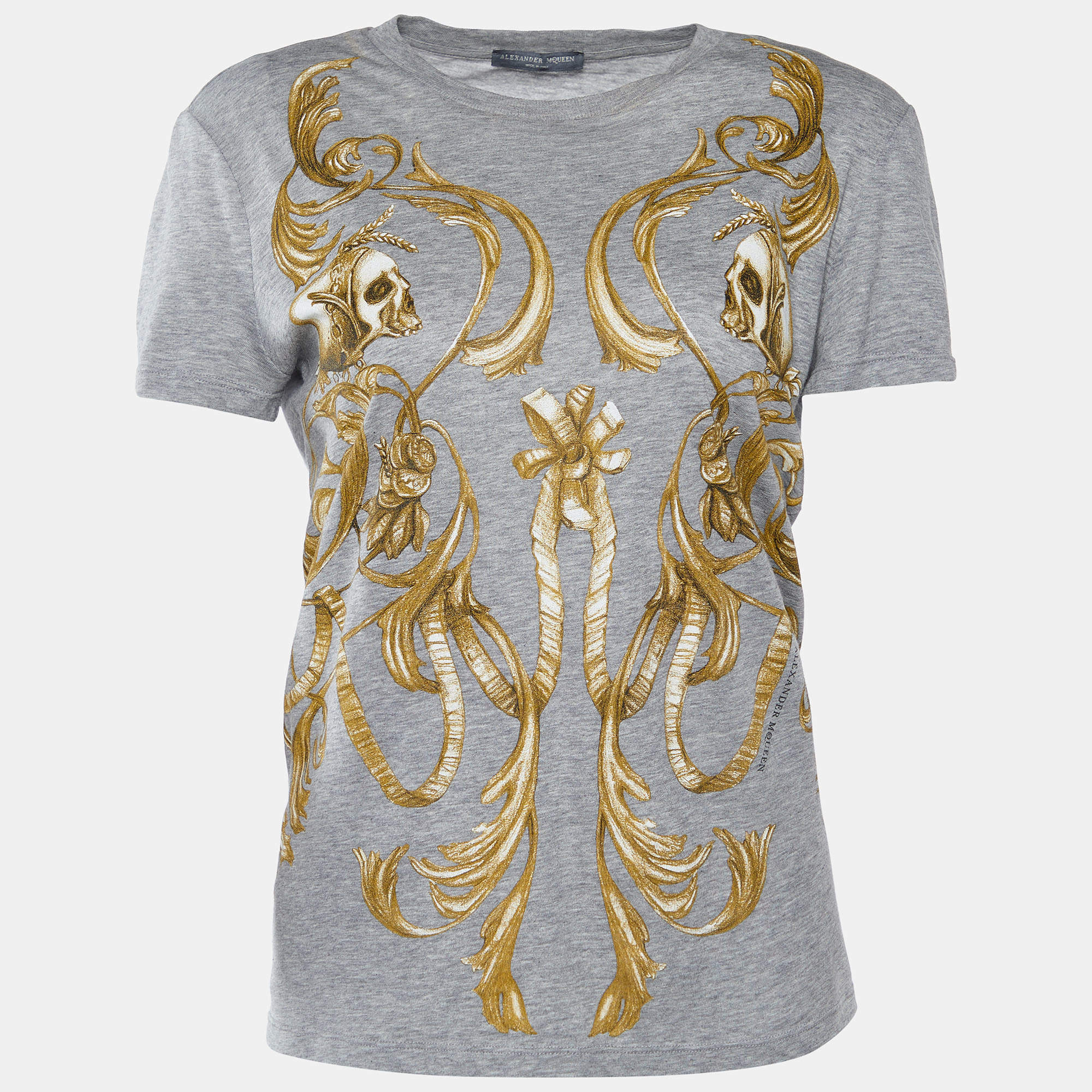 Pre Owned Alexander McQueen Grey Skull Printed Cotton Knit T-Shirt S