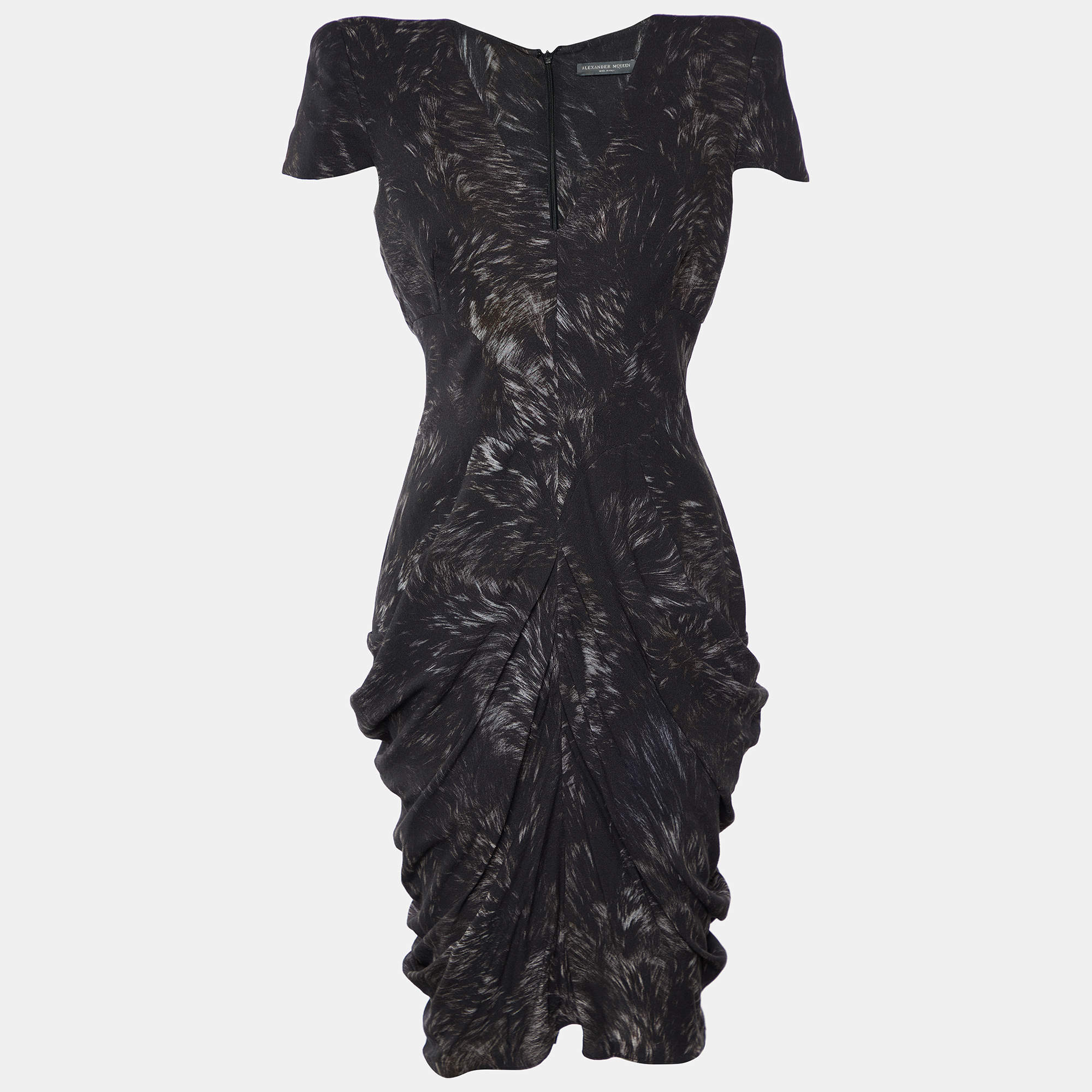 Pre Owned Alexander McQueen Black Printed Crepe Draped Midi Dress M