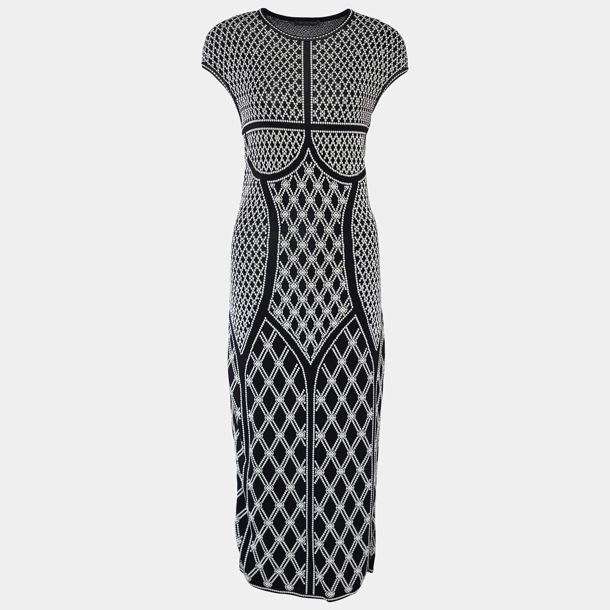 Pre Owned Alexander McQueen Black Rhombic Pearl Pattern Jacquard Knit Bodycon Dress M