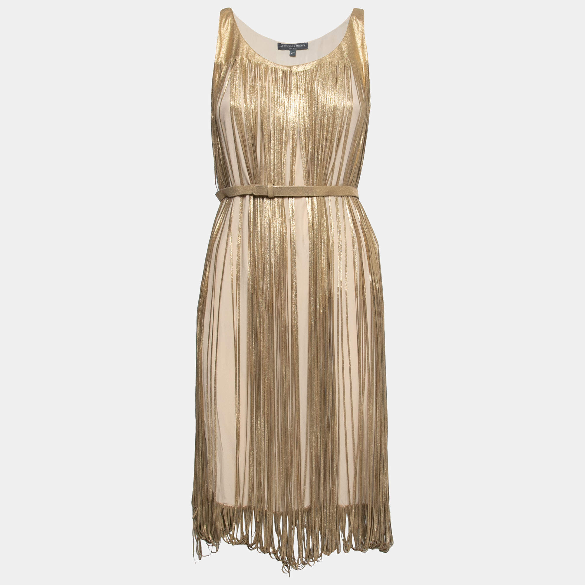 Pre Owned Alexander McQueen Gold LeatherFringed Belted Midi Dress S