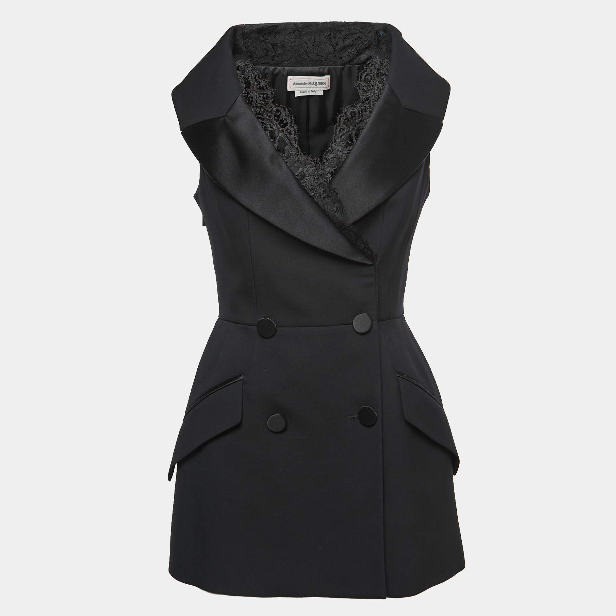 Alexander McQueen Black Crepe Lace-Trim Sleeveless Tuxedo Jacket S