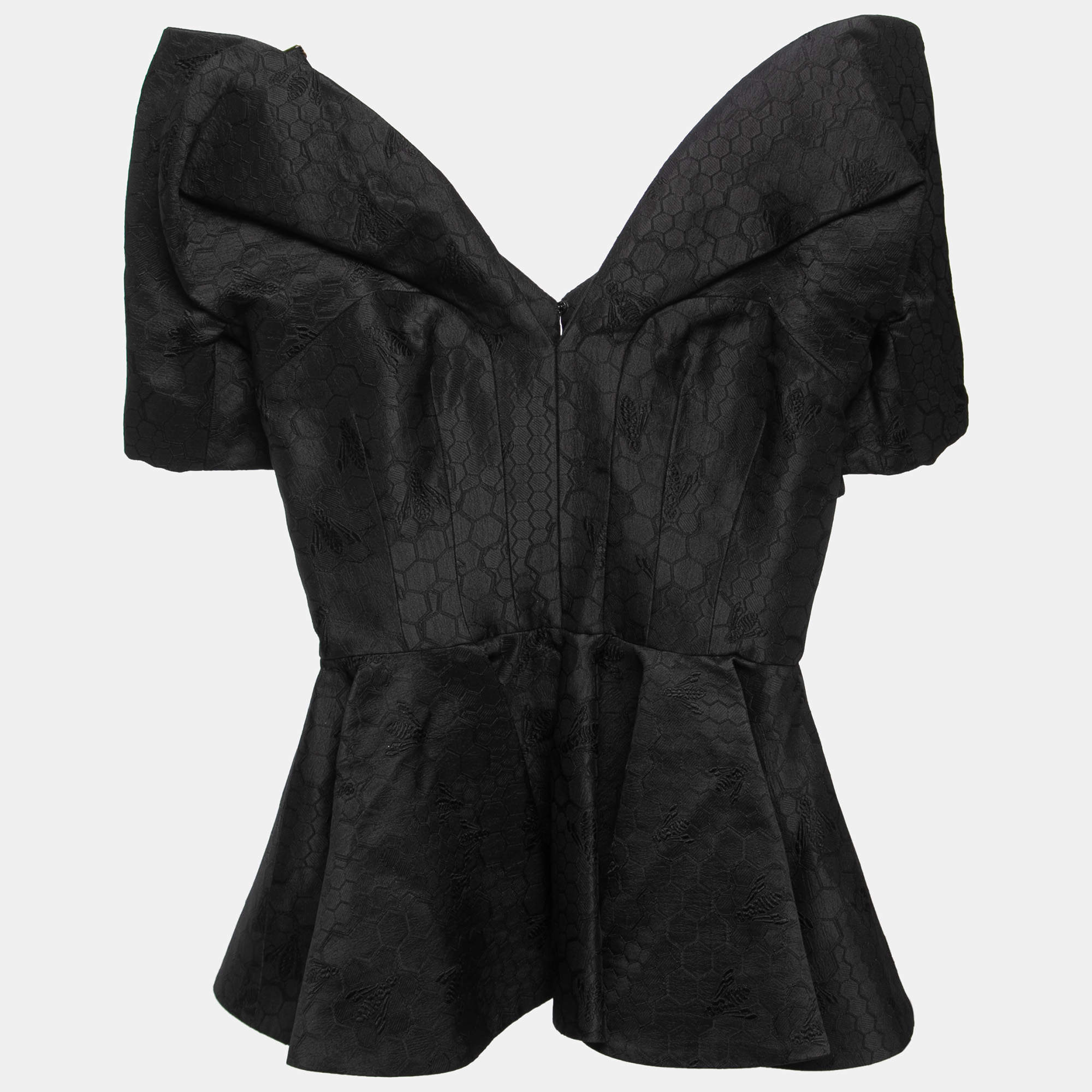 Pre Owned Alexander McQueen Black Bee Jacquard Silk Peplum Blouse M