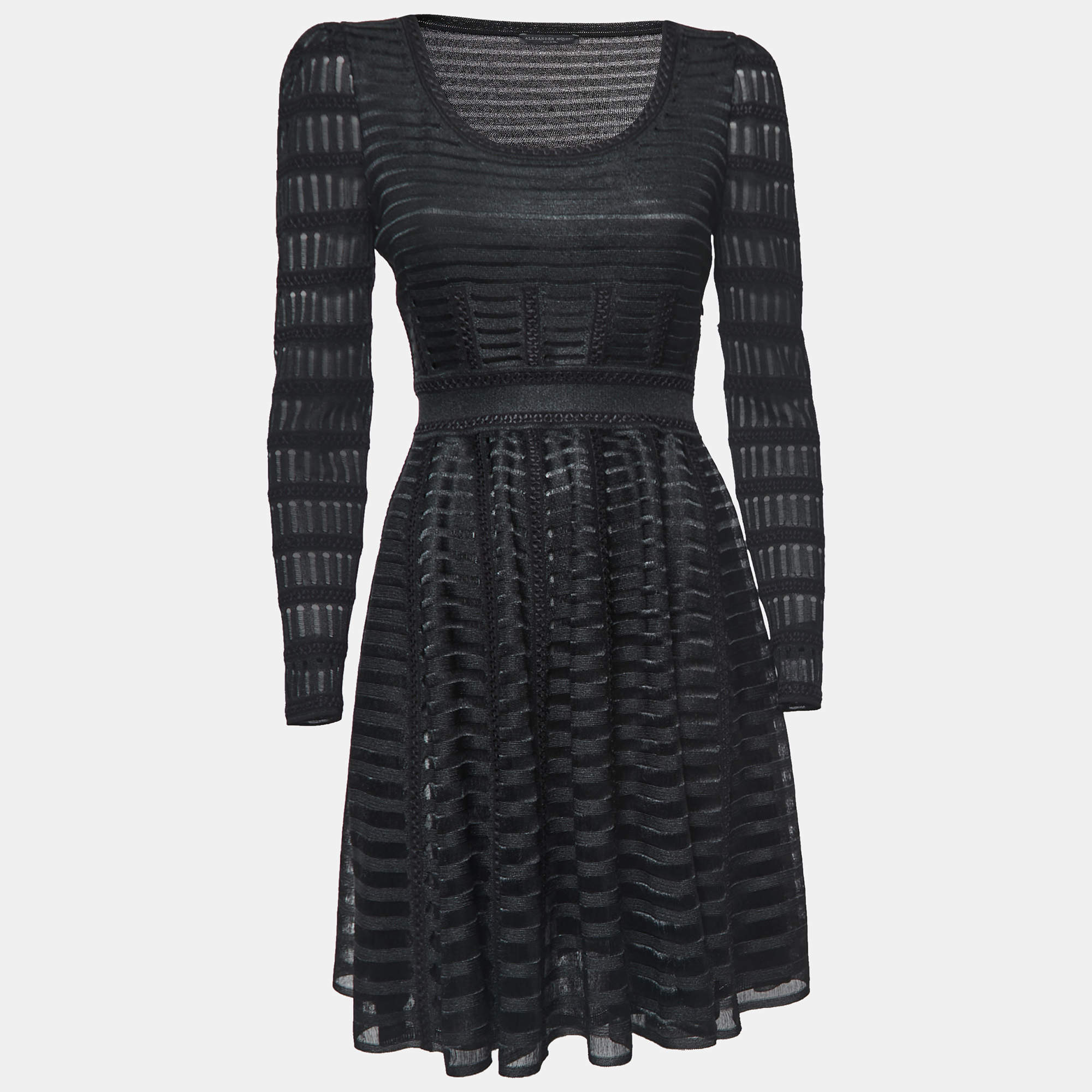 Pre Owned Alexander McQueen Black Textured Blend Long Sleeve Round Neck Dress M