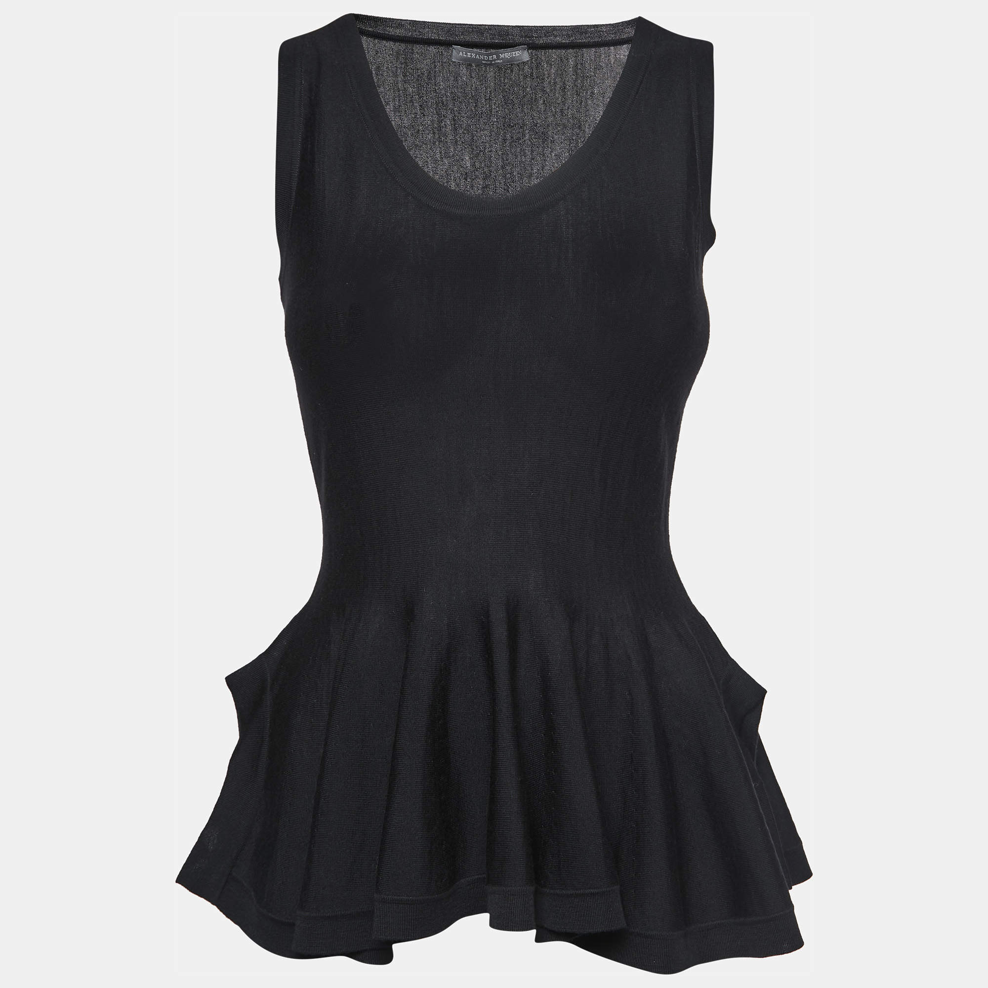 Pre Owned Alexander McQueen Black Wool Knit Peplum Tank Top S