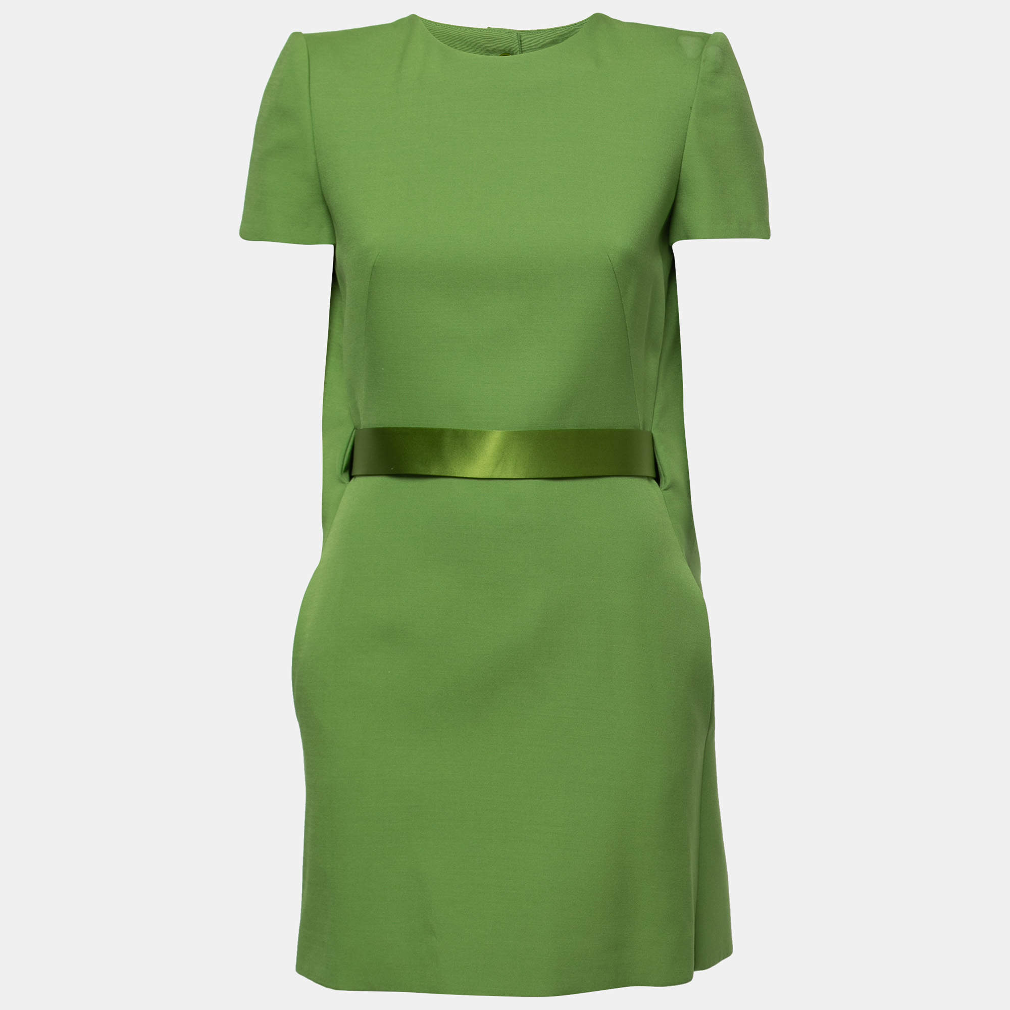 Pre Owned Alexander McQueen Green Wool Capelet Belted Midi Dress S