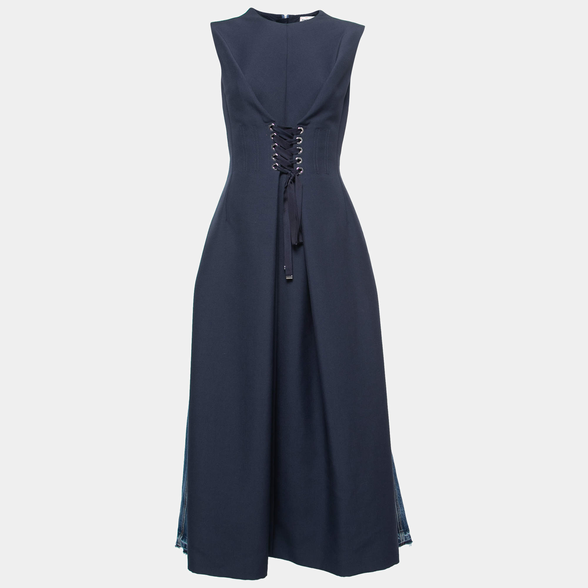 Pre Owned Alexander McQueen Blue Crepe & Denim Contrast Lace Up Dress M