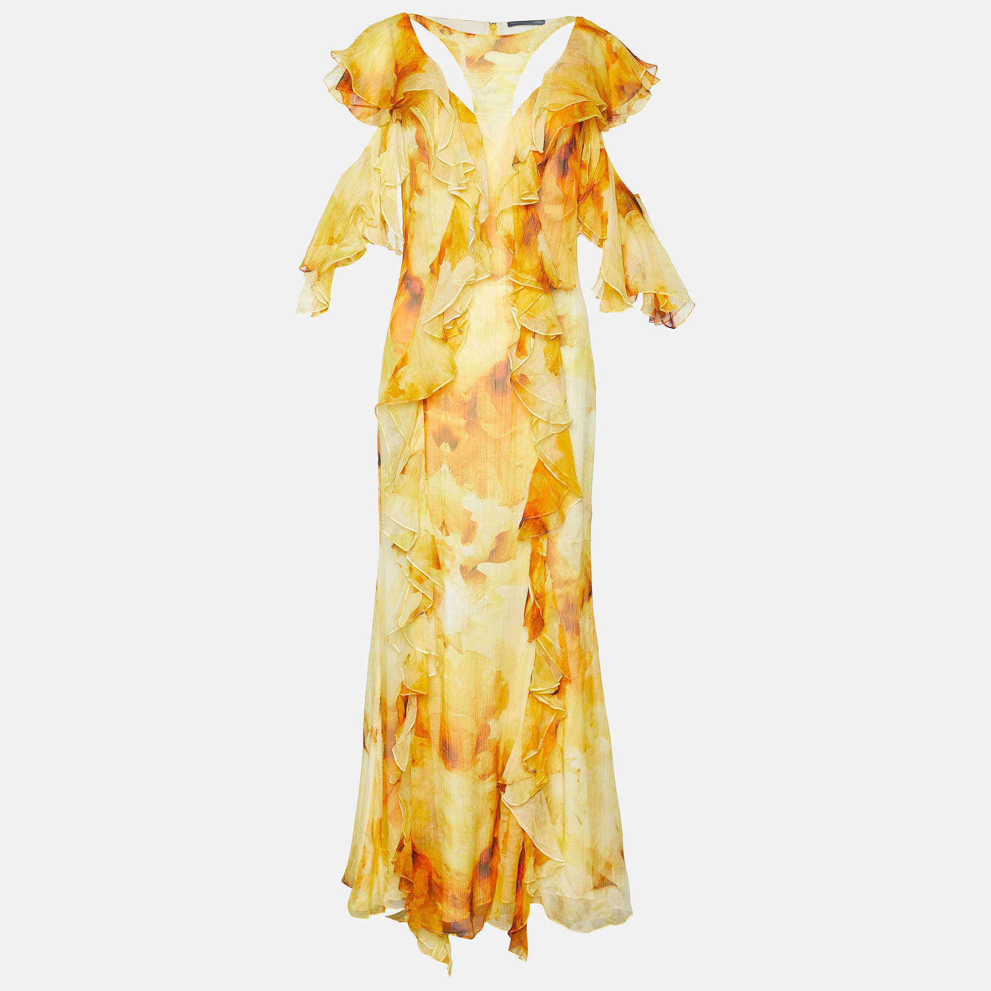 Alexander McQueen Yellow Printed Silk Chiffon Ruffled Maxi Dress M