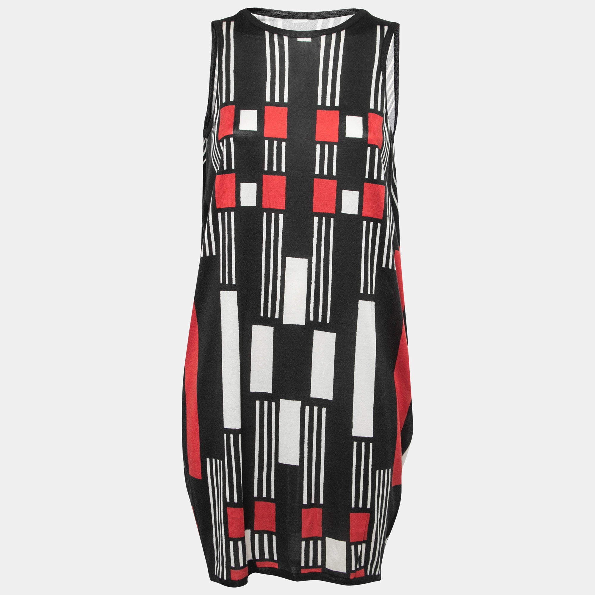 Pre Owned Alexander McQueen Black Printed Silk Knit Sleeveless Midi Dress S