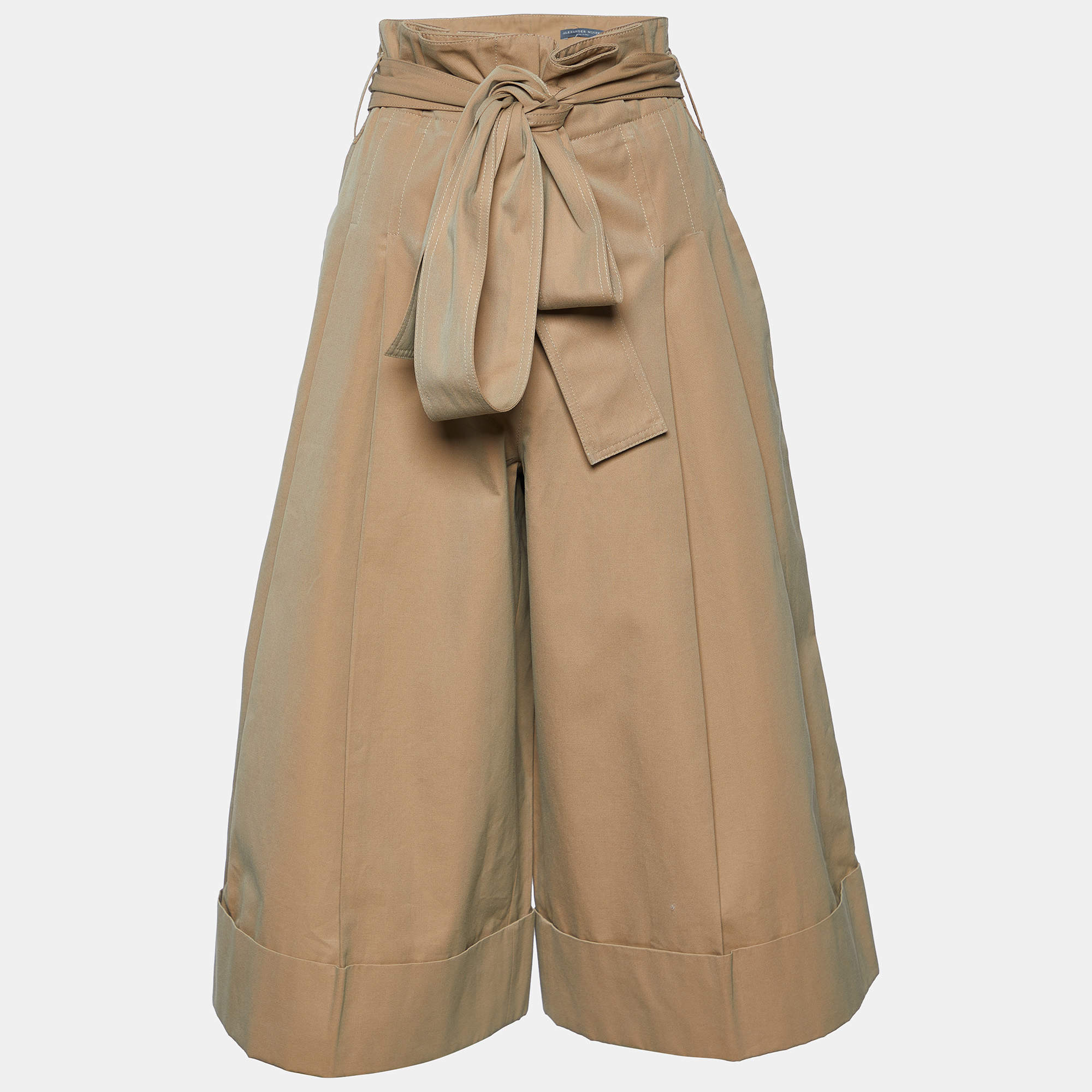 Pre Owned Alexander McQueen Beige Cotton Paper Bag Waist Tie Detail Culottes M