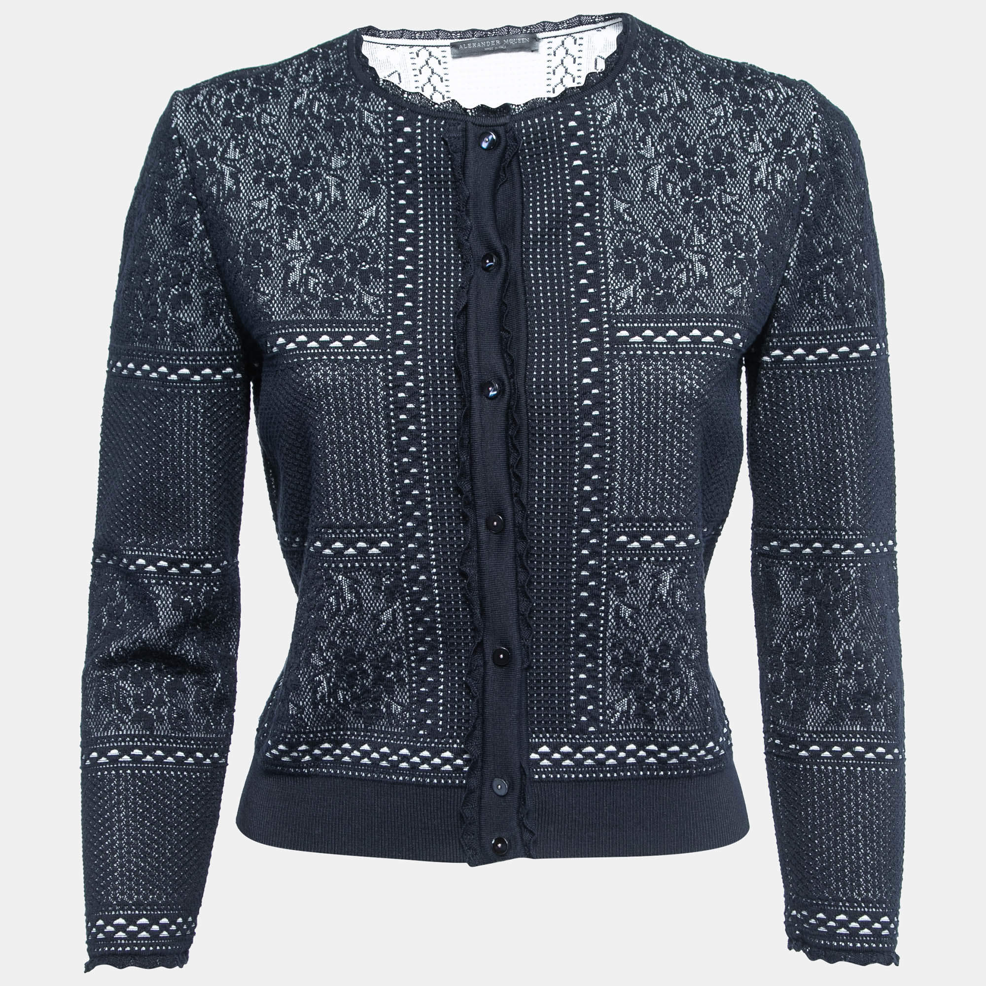 Alexander McQueen Navy Blue Patterned Knit Button Front Sweater L