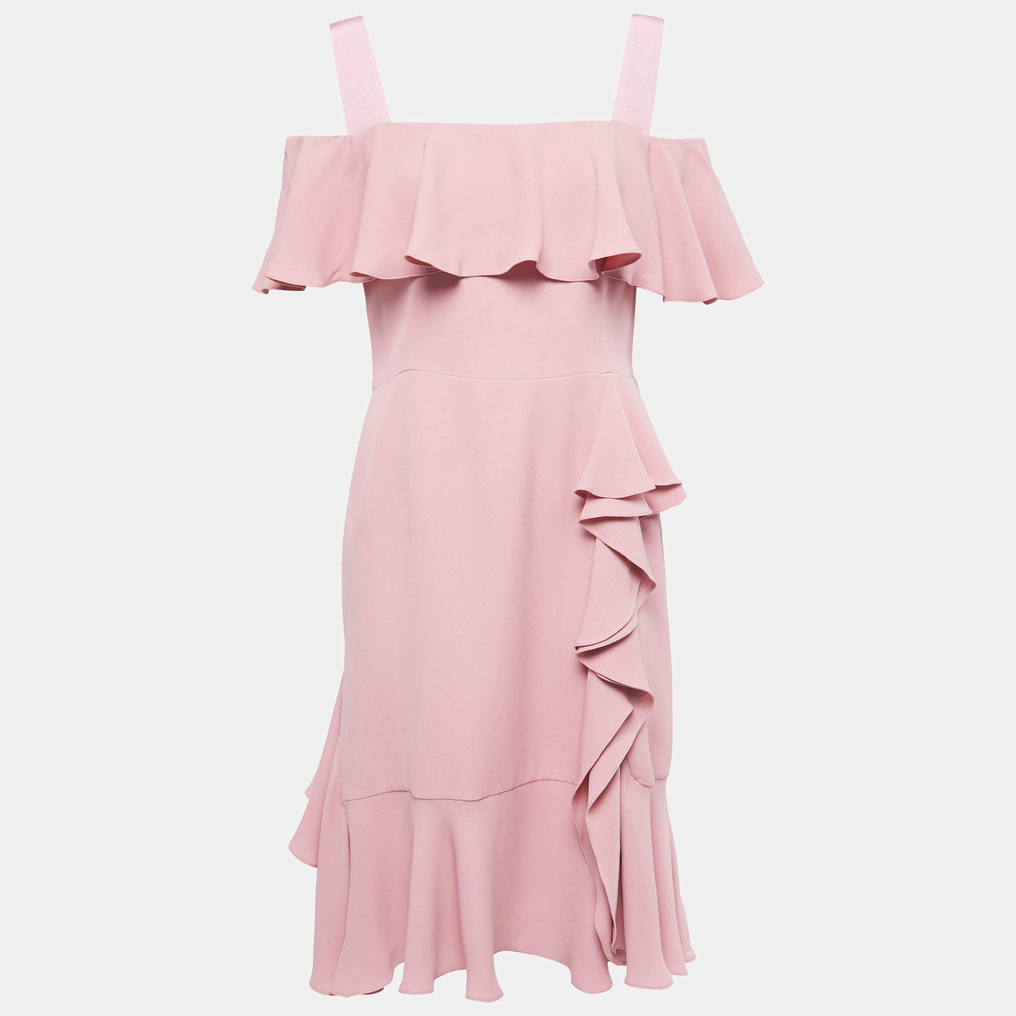 Pre Owned Alexander McQueen Pink Silk Chiffon Ruffled Off-Shoulder Midi Dress M