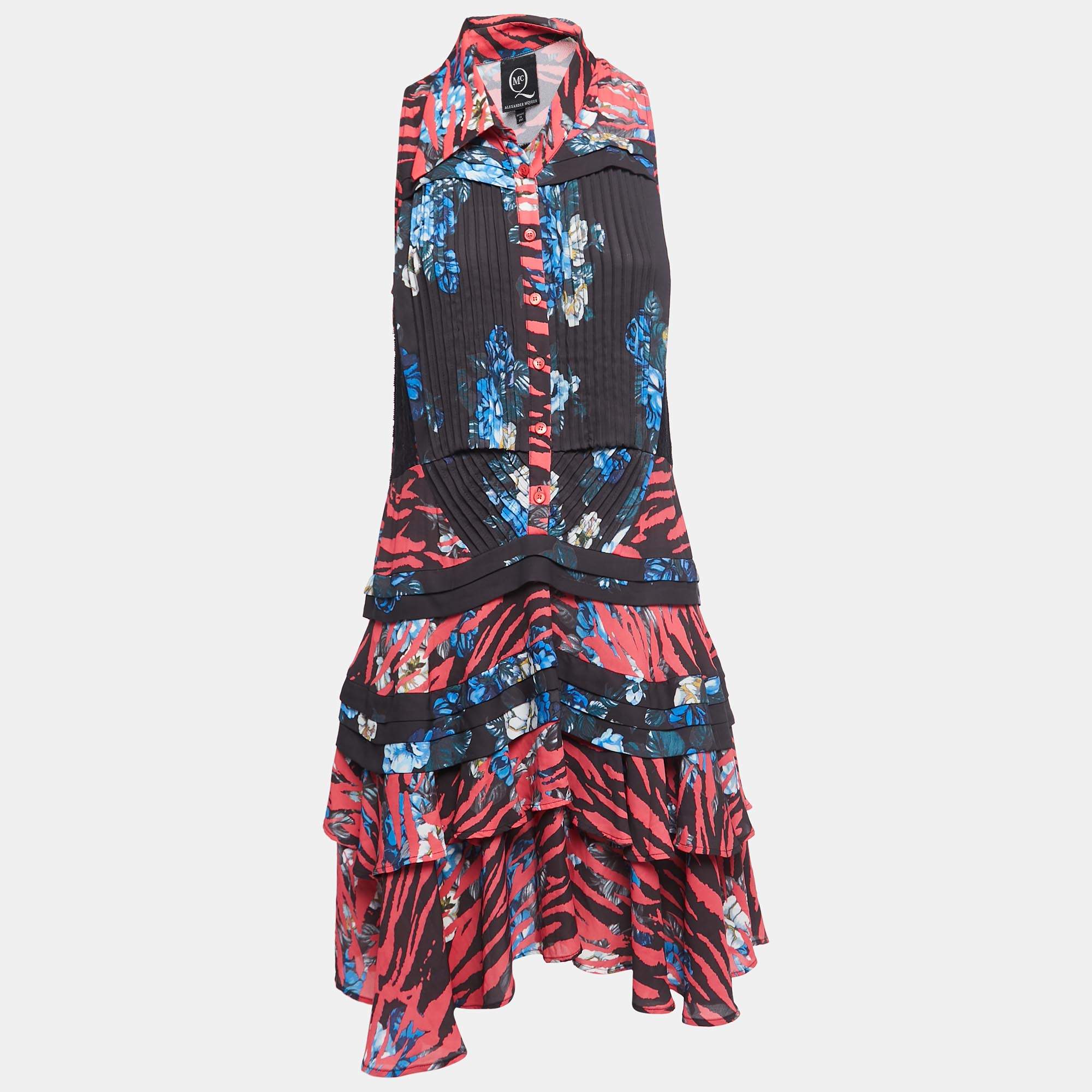 Pre Owned Alexander McQueen Multicolor Crepe Lace Trimmed Sleeveless Flared Short Dress M