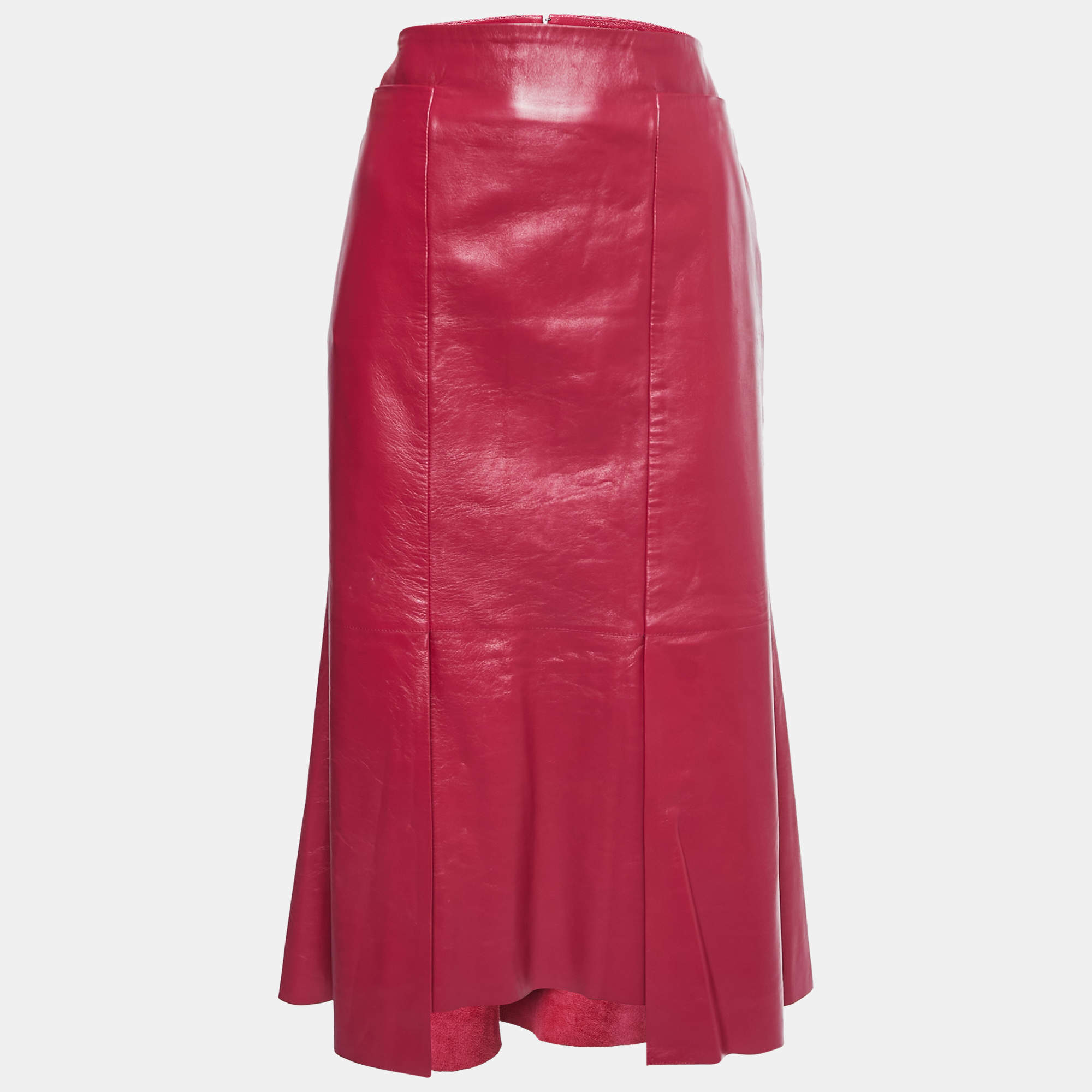 Pre Owned Alexander McQueen Magenta Pink Leather Midi Skirt M