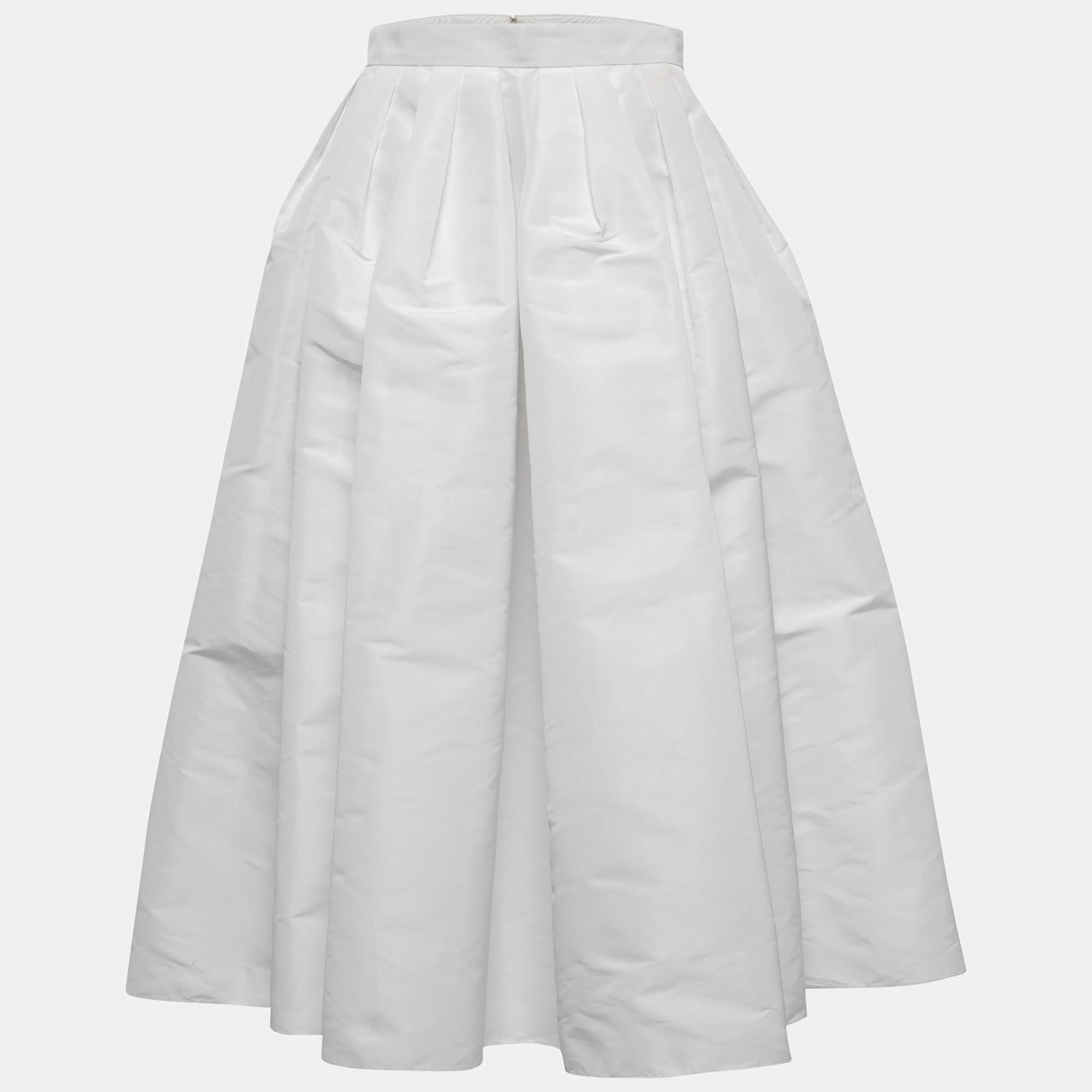 Pre Owned Alexander McQueen White Taffeta Flared Midi Skirt M