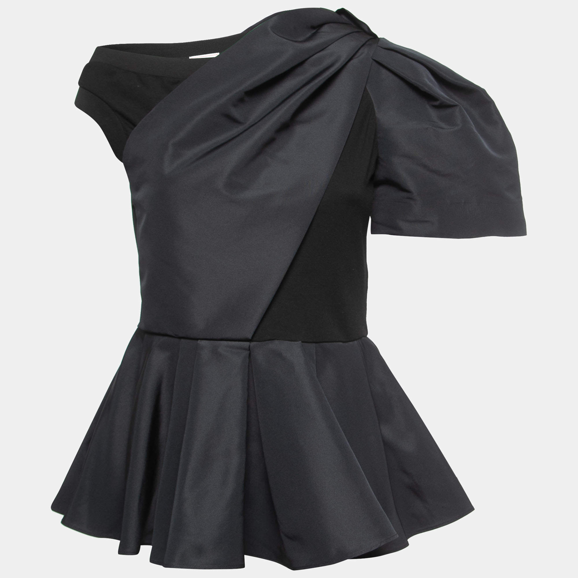 Pre Owned Alexander McQueen Black Cotton & Taffeta Asymmetrical Peplum Top M