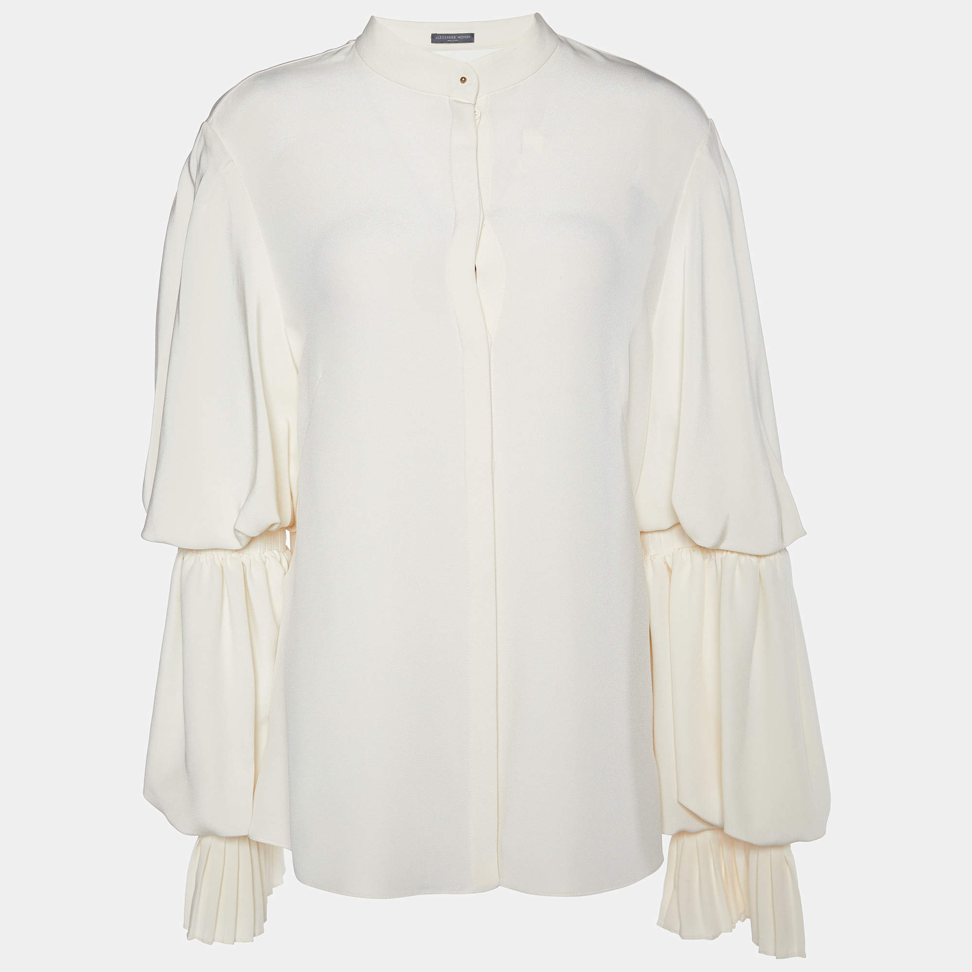 Pre Owned Alexander McQueen Cream Silk Ruffle Sleeve Shirt L