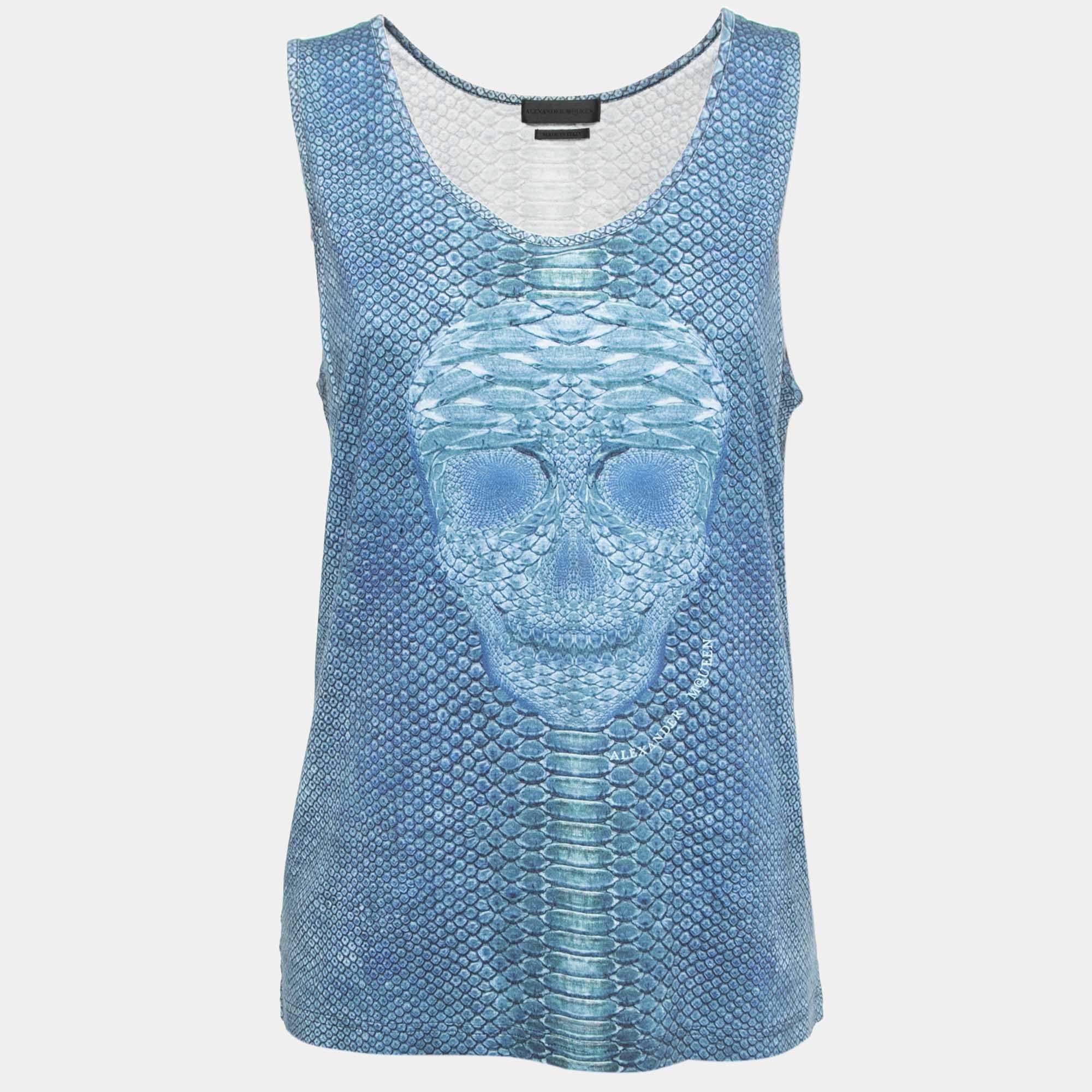 Pre Owned Alexander McQueen Blue Skull Printed Cotton Knit Tank Top S