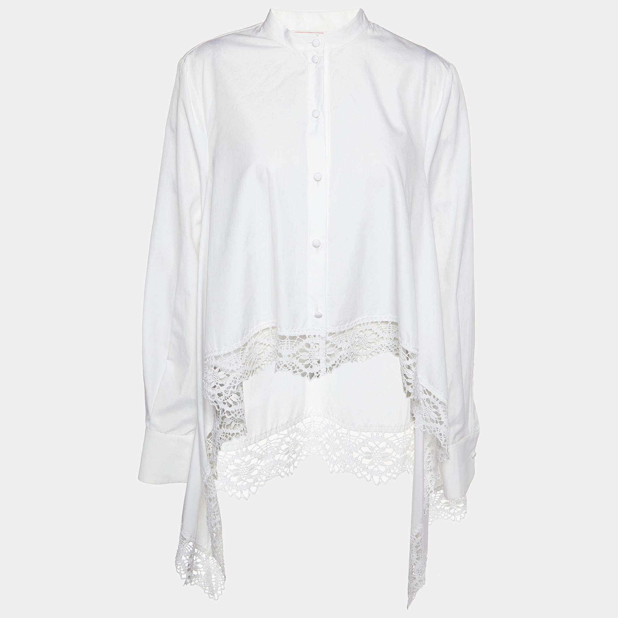 Pre Owned Alexander McQueen White Cotton & Lace Detail High Low Hem Shirt M