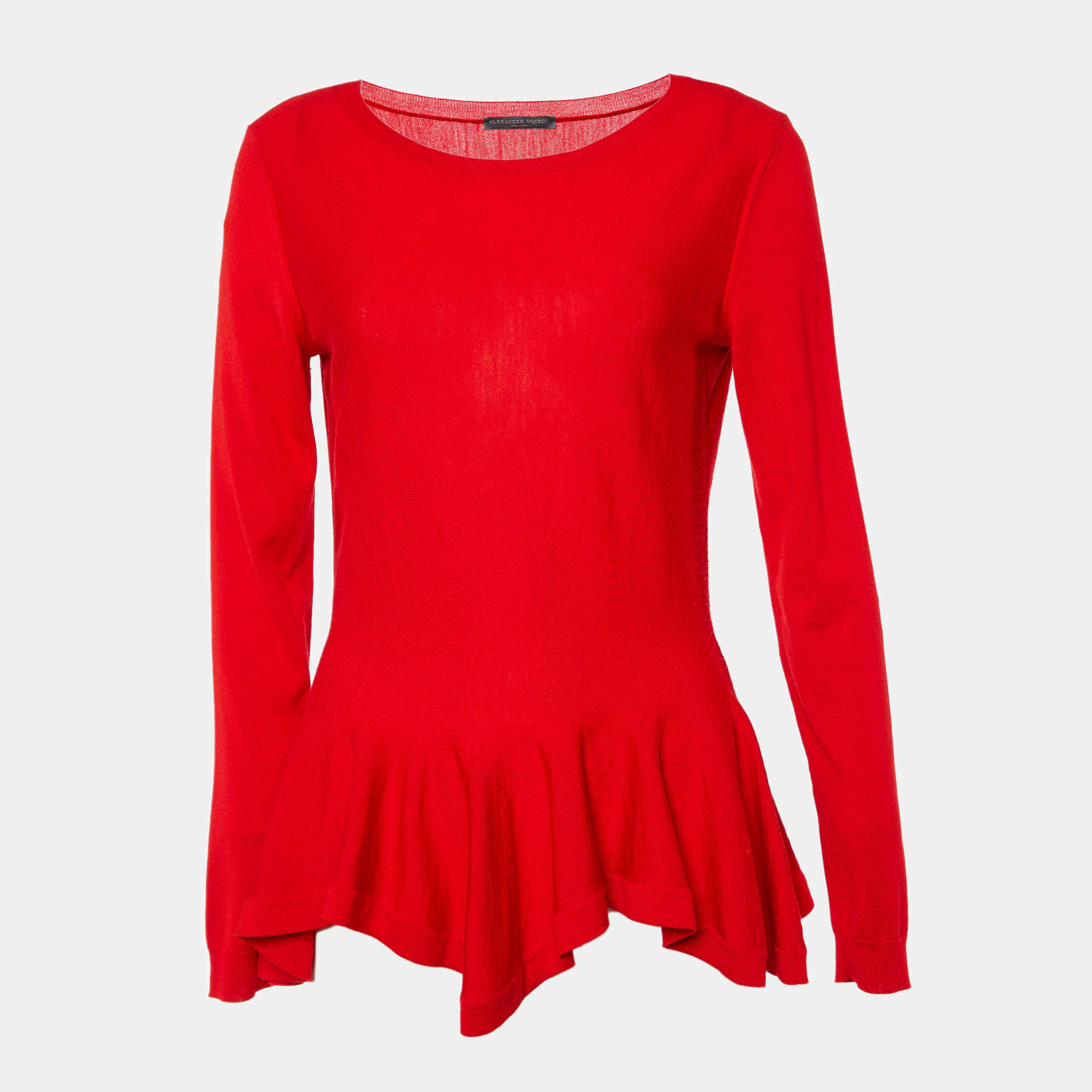 Pre Owned Alexander McQueen Red Wool Knit Flared Hem Wide Neck Sweater L