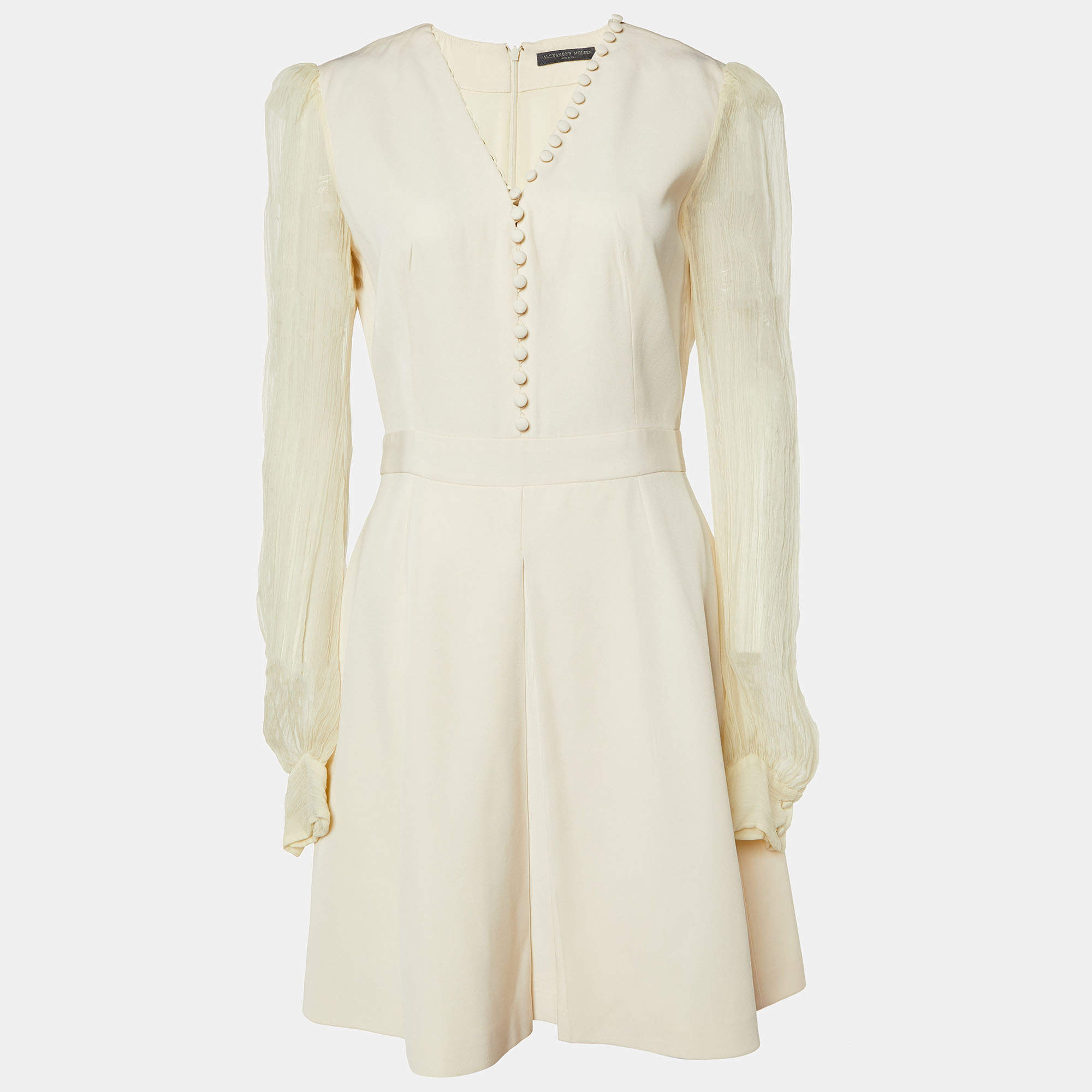 Pre Owned Alexander McQueen Cream Wool & Silk Chiffon Mini Dress M