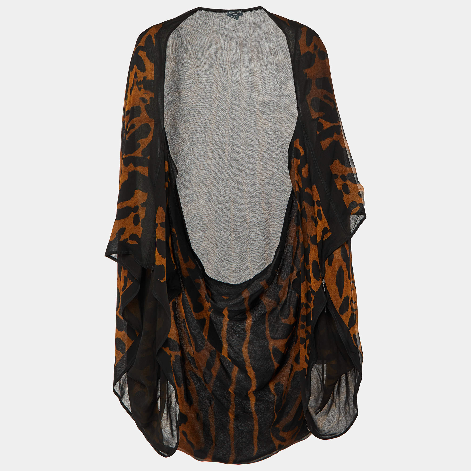 Pre Owned Alexander McQueen Brown Leopard Printed Silk Oversized Draped Shrug (One Size)