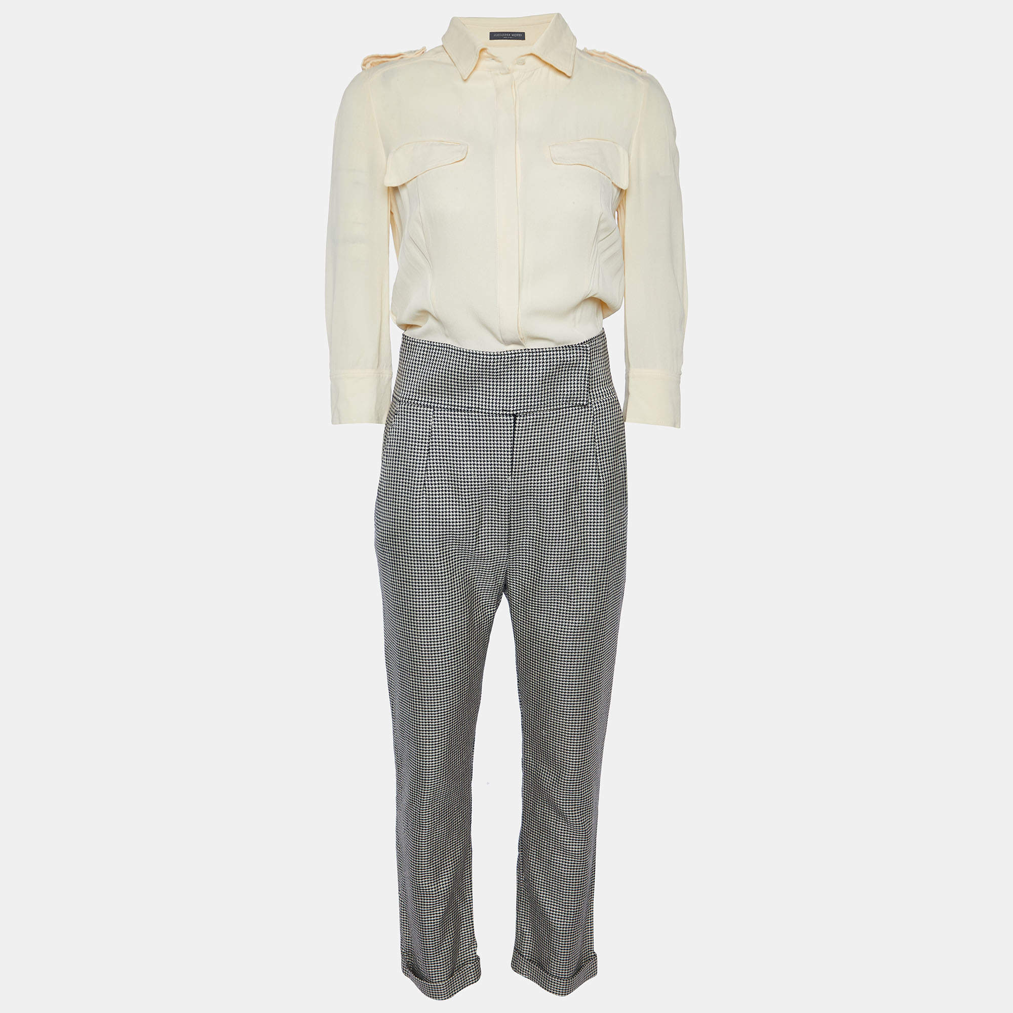 Alexander McQueen Cream Silk & Houndstooth Silk & Wool Jumpsuit S