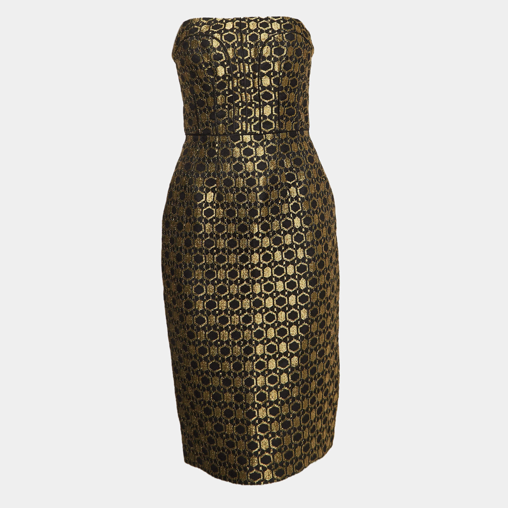 Pre Owned Alexander McQueen Black/Gold Jacquard Strapless Midi Dress M