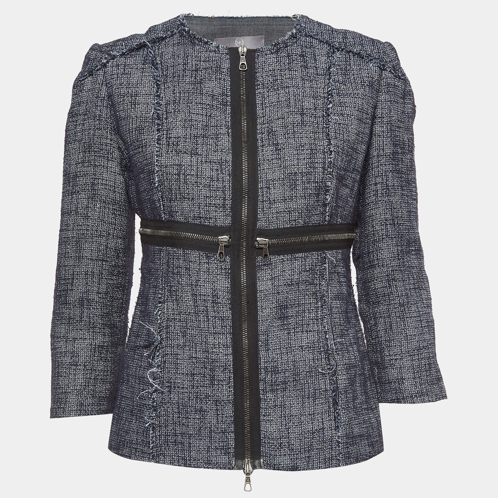 Pre Owned Alexander McQueen Navy Blue Tweed Zip Front Jacket M