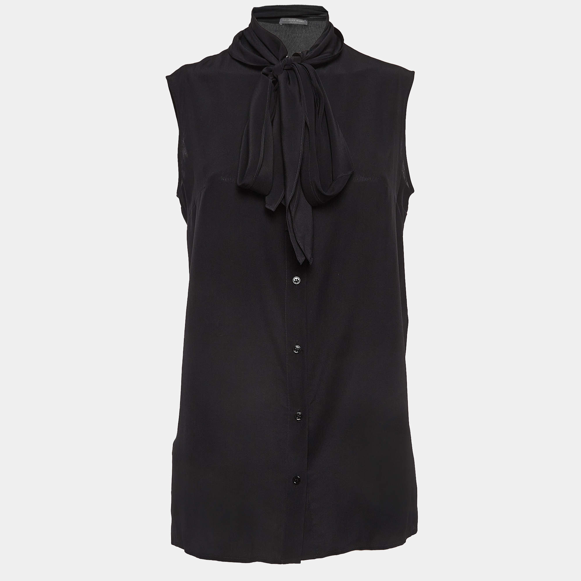 Pre Owned Alexander McQueen Black Silk Buttoned Neck Tie Sleeveless Blouse M