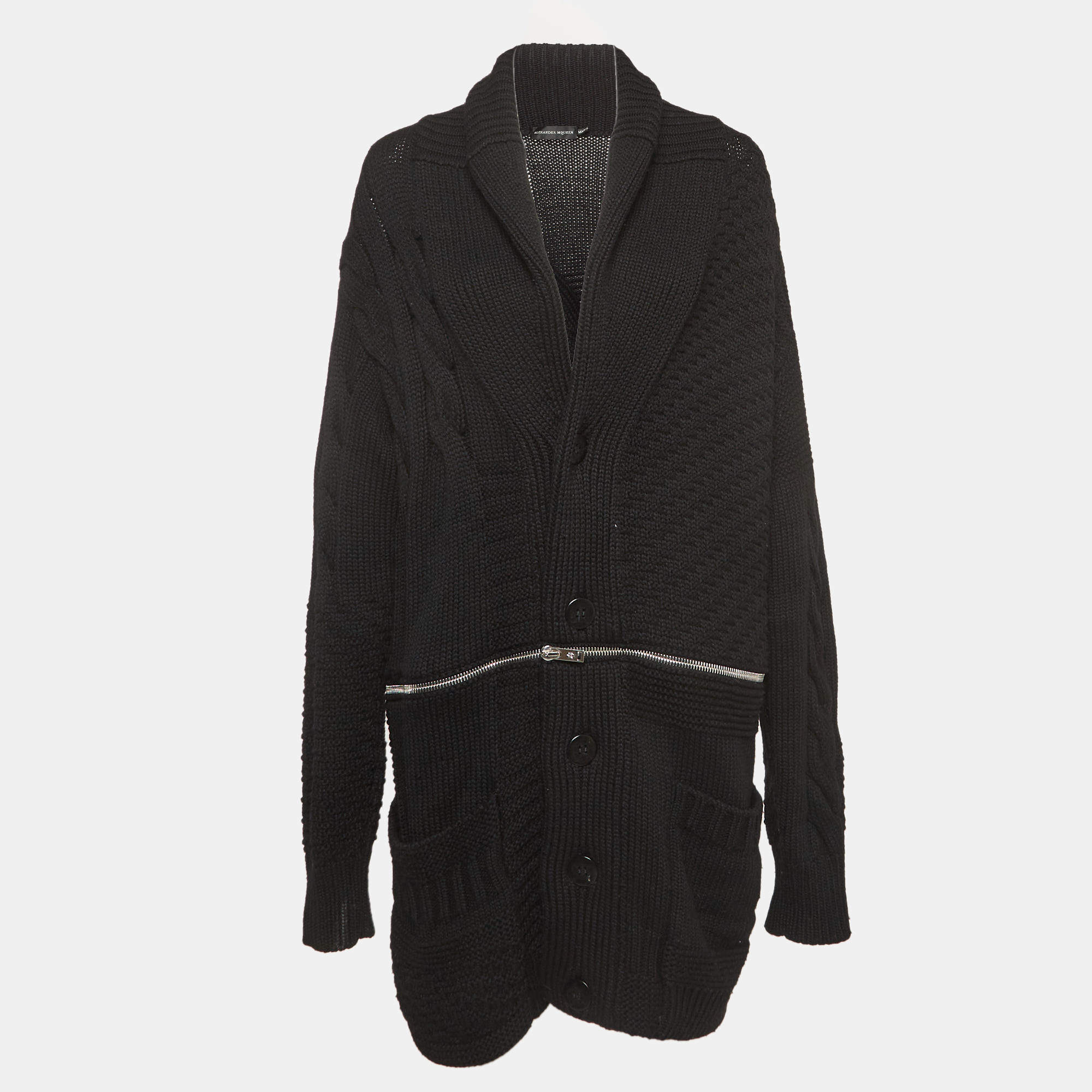 Alexander McQueen Black Patterned Wool Blend Buttoned Front Sweater L