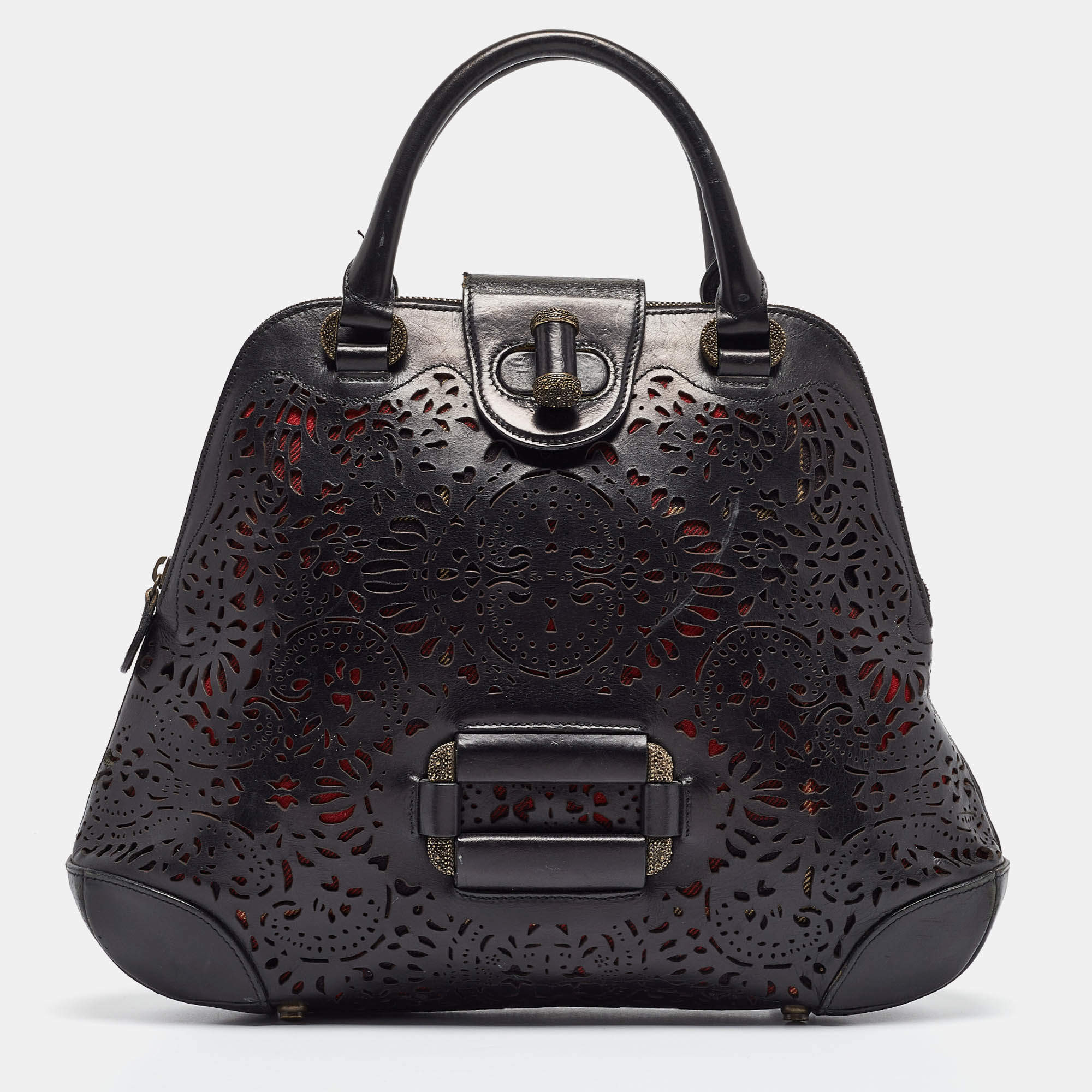 Alexander McQueen Black Laser Cut Leather Novak Satchel
