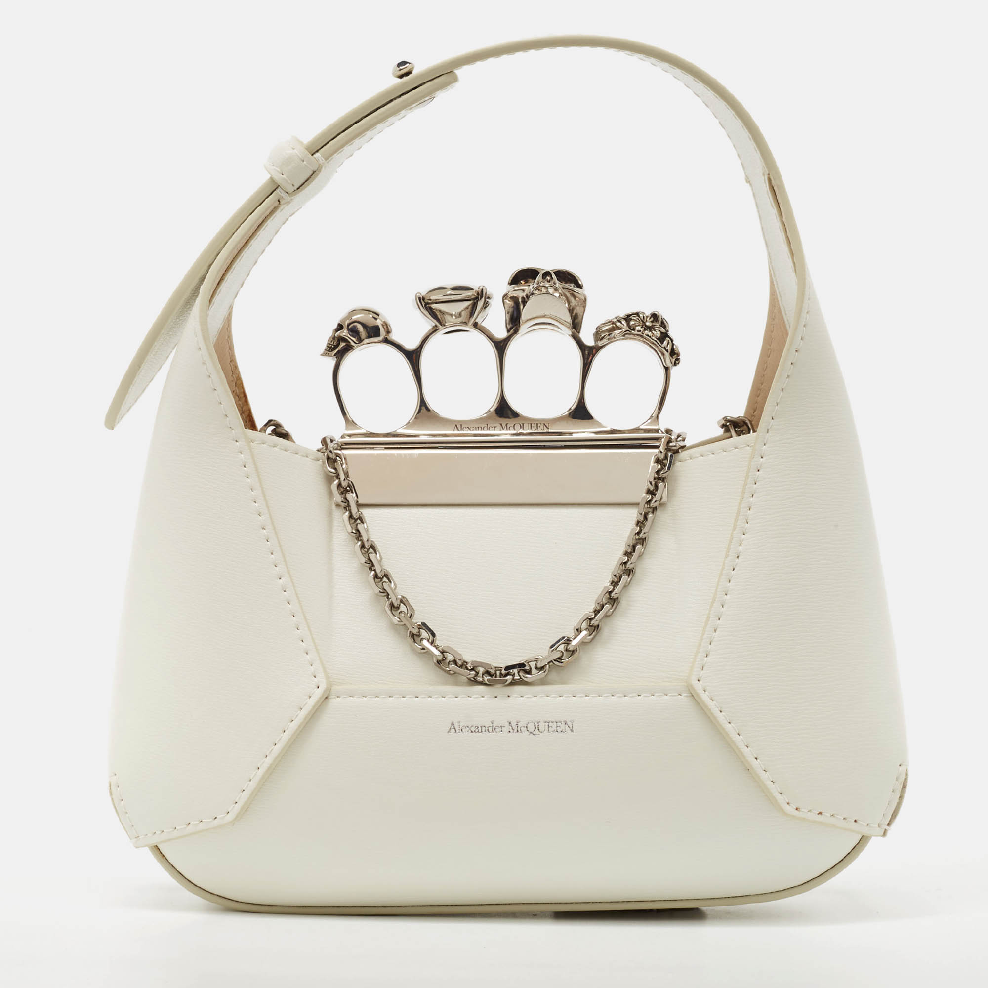 Pre Owned Alexander McQueen White Leather Mini Jewelled Hobo 