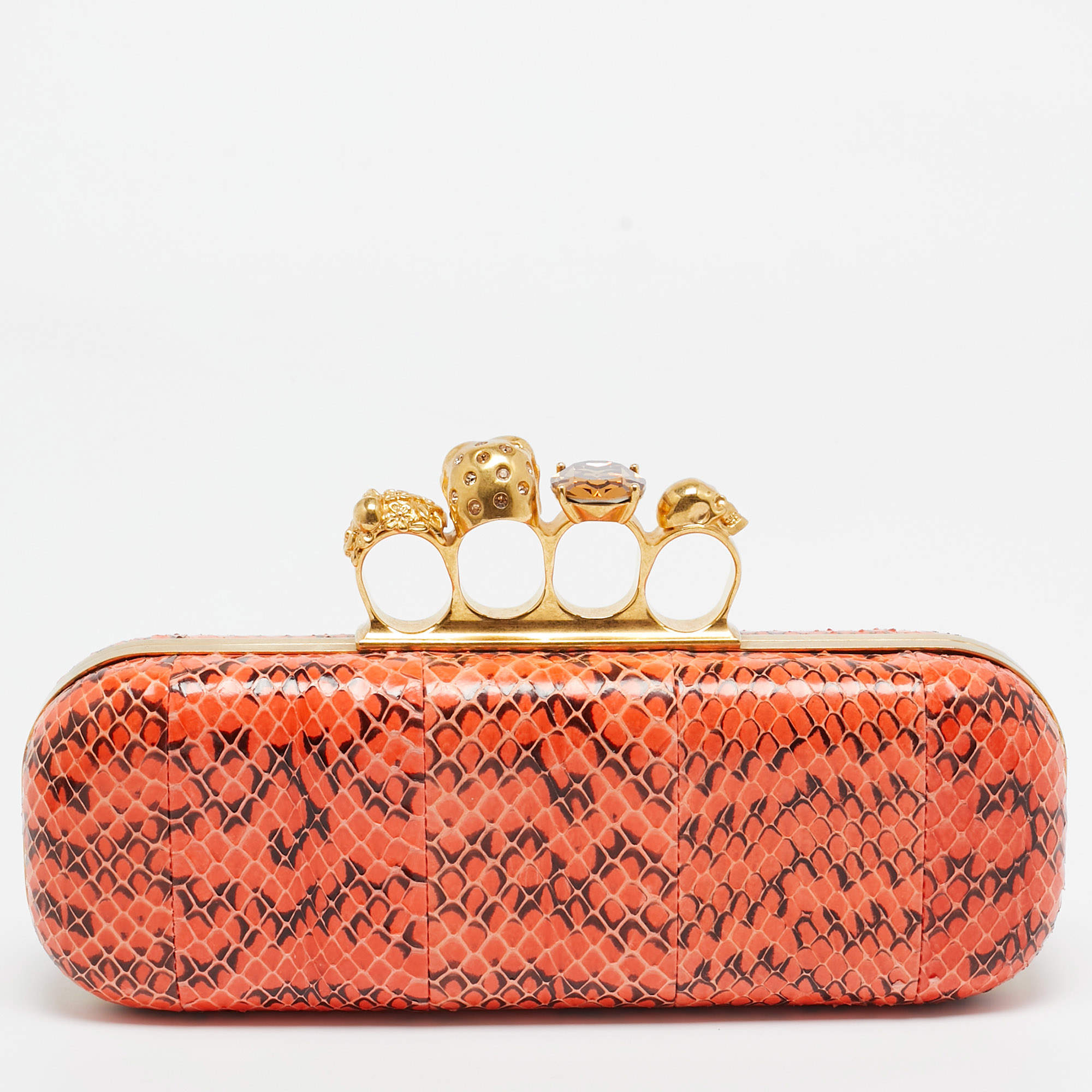 Pre Owned Alexander McQueen Orange/Black Watersnake Leather Skull Knuckle Box Clutch