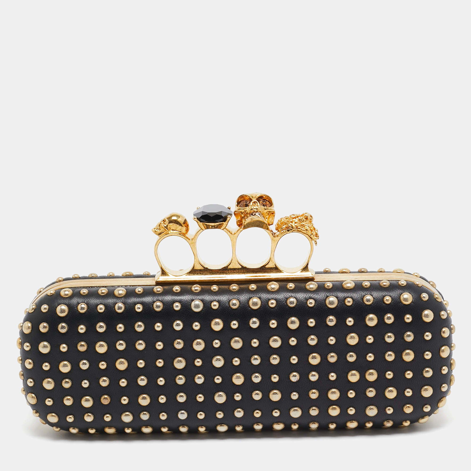 Alexander McQueen Black Studded Leather Skull Knuckle Box Clutch
