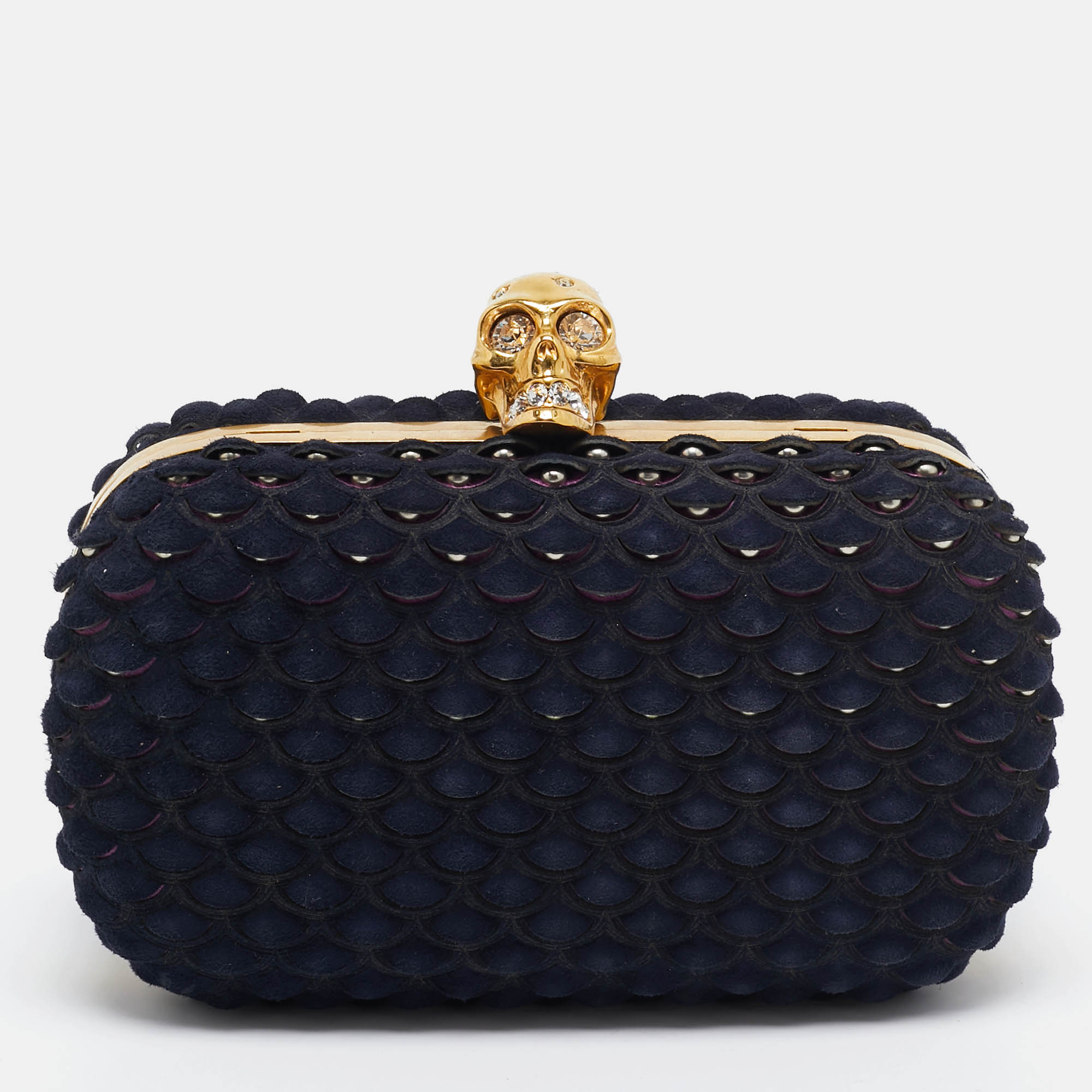Pre Owned Alexander McQueen Navy Blue Textured Suede Studded Skull Clutch