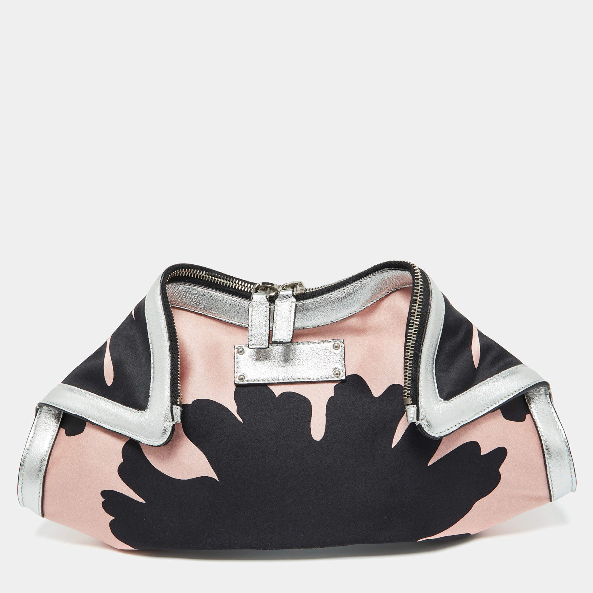 Alexander McQueen Black/Pink Satin and Leather Medium Floral De Manta Clutch